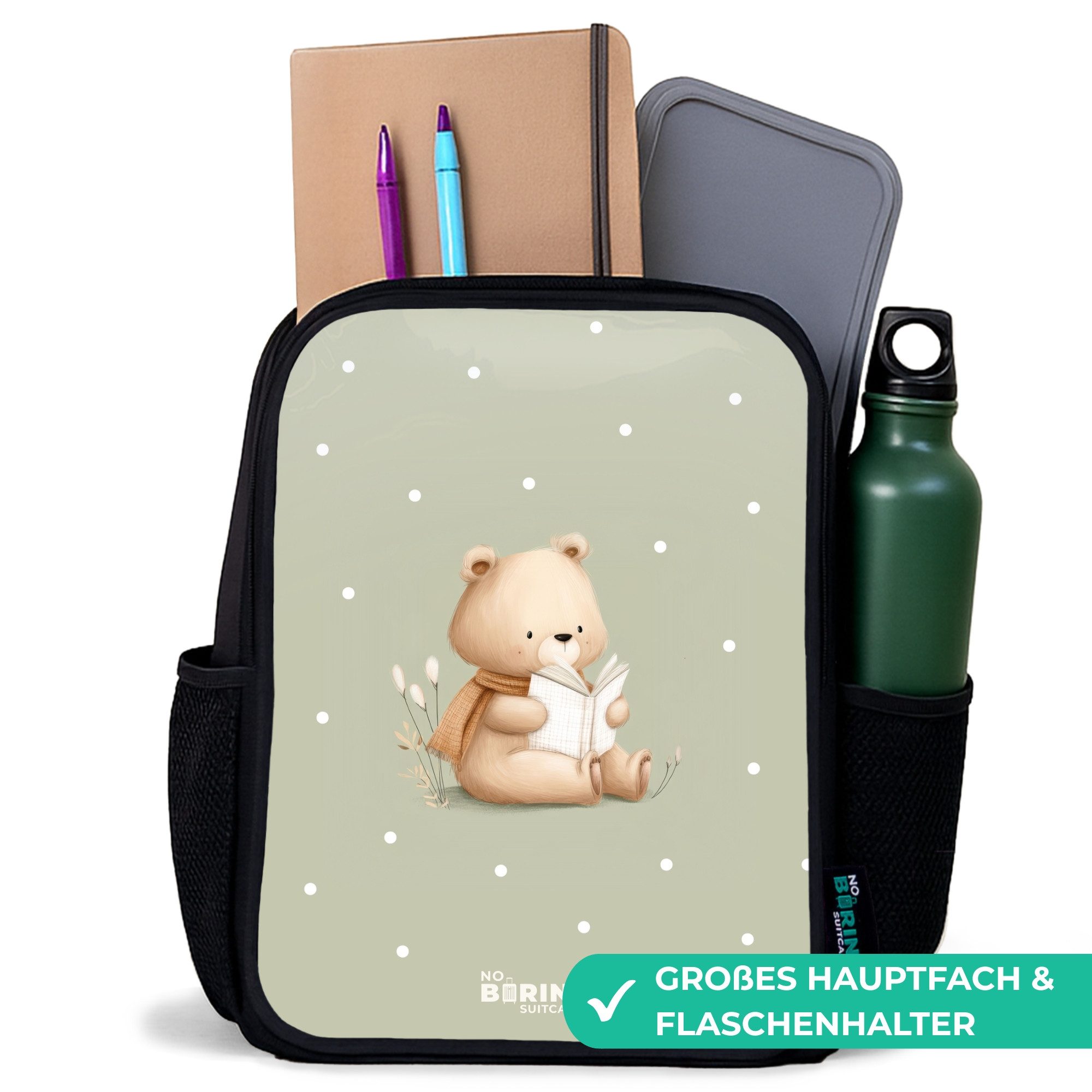 NoBoringSuitcases.com© Rucksack Ein Braunbär liest ein Buch - Grün, Kinderrucksack Schwarz, Schulrucksack, Freizeitrucksack Jungen Mädchen