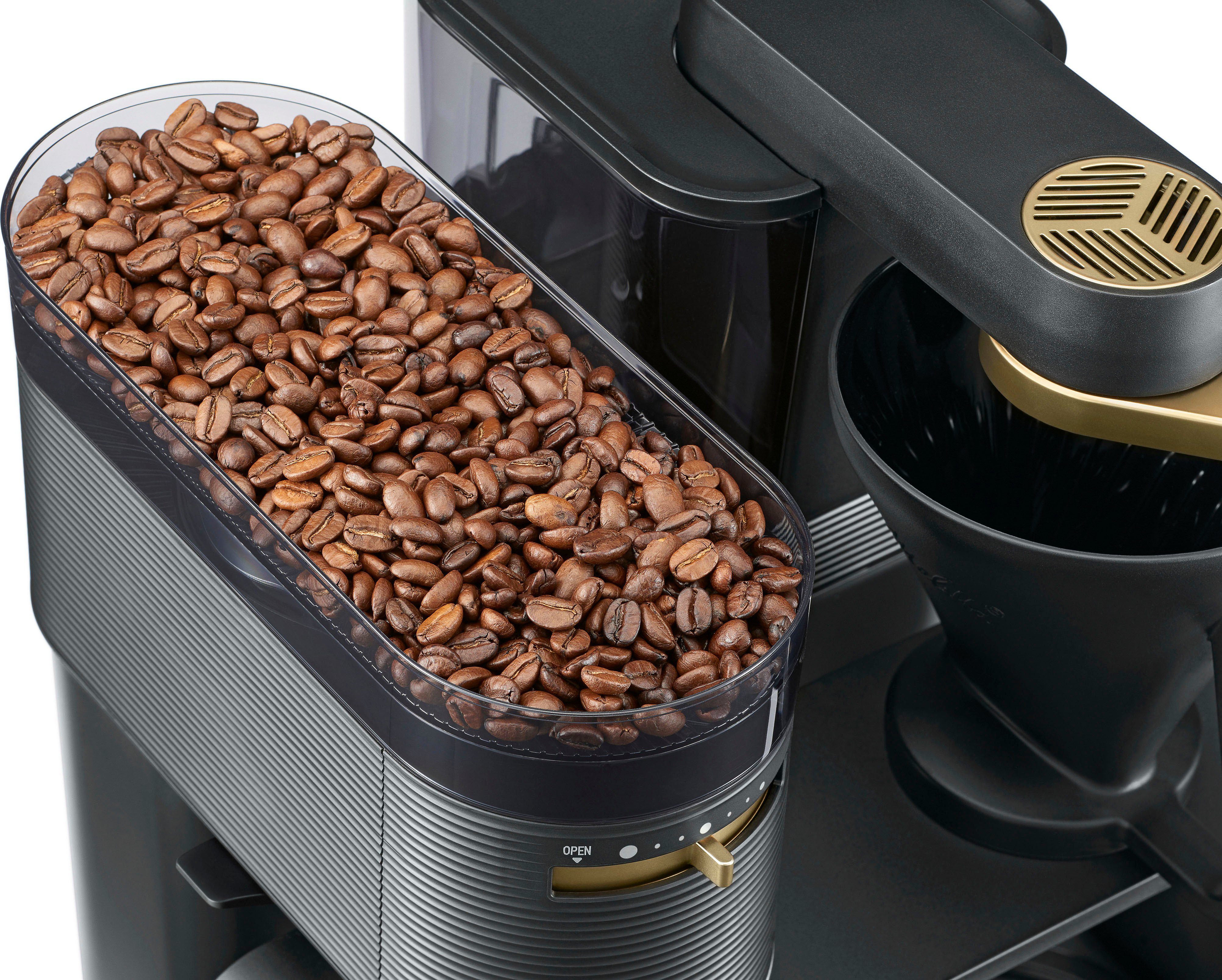 Melitta Kaffeemaschine Kaffeekanne, mit 1l Mahlwerk EPOS® Schwarz/Gold, 1024-04, Papierfilter 1x4, 360°rotierender Wasserauslauf
