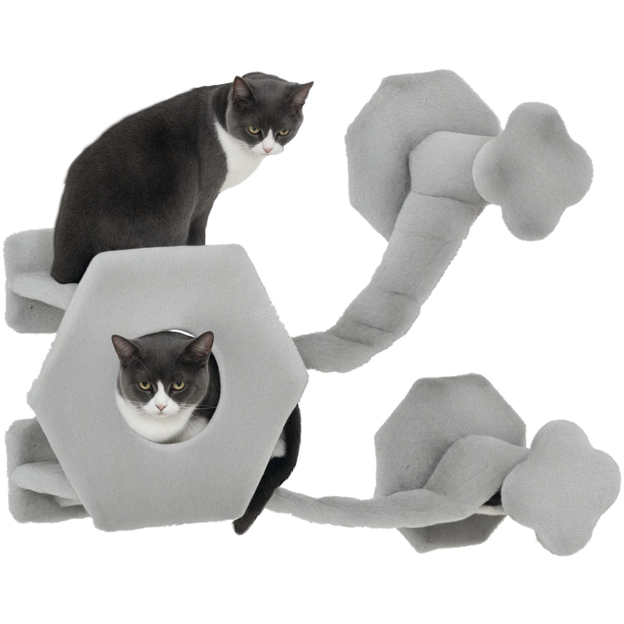 PawHut Katzen-Kletterwand Katzenliege mit Stufen, Katzenhöhle, Sprungturm, Spielzeugball, für Katzen bis 5 kg, Hellgrau
