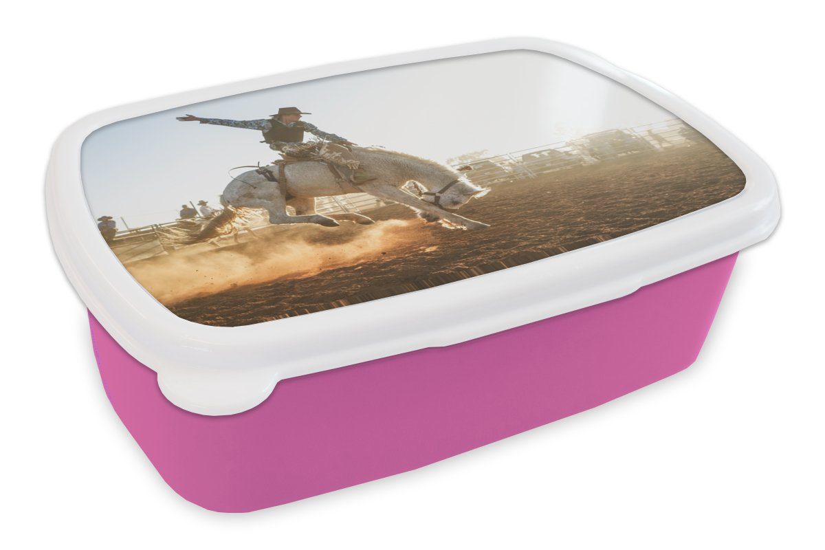 MuchoWow Lunchbox Pferd - Cowboy - Stoff, Kunststoff, (2-tlg), Brotbox für Erwachsene, Brotdose Kinder, Snackbox, Mädchen, Kunststoff rosa