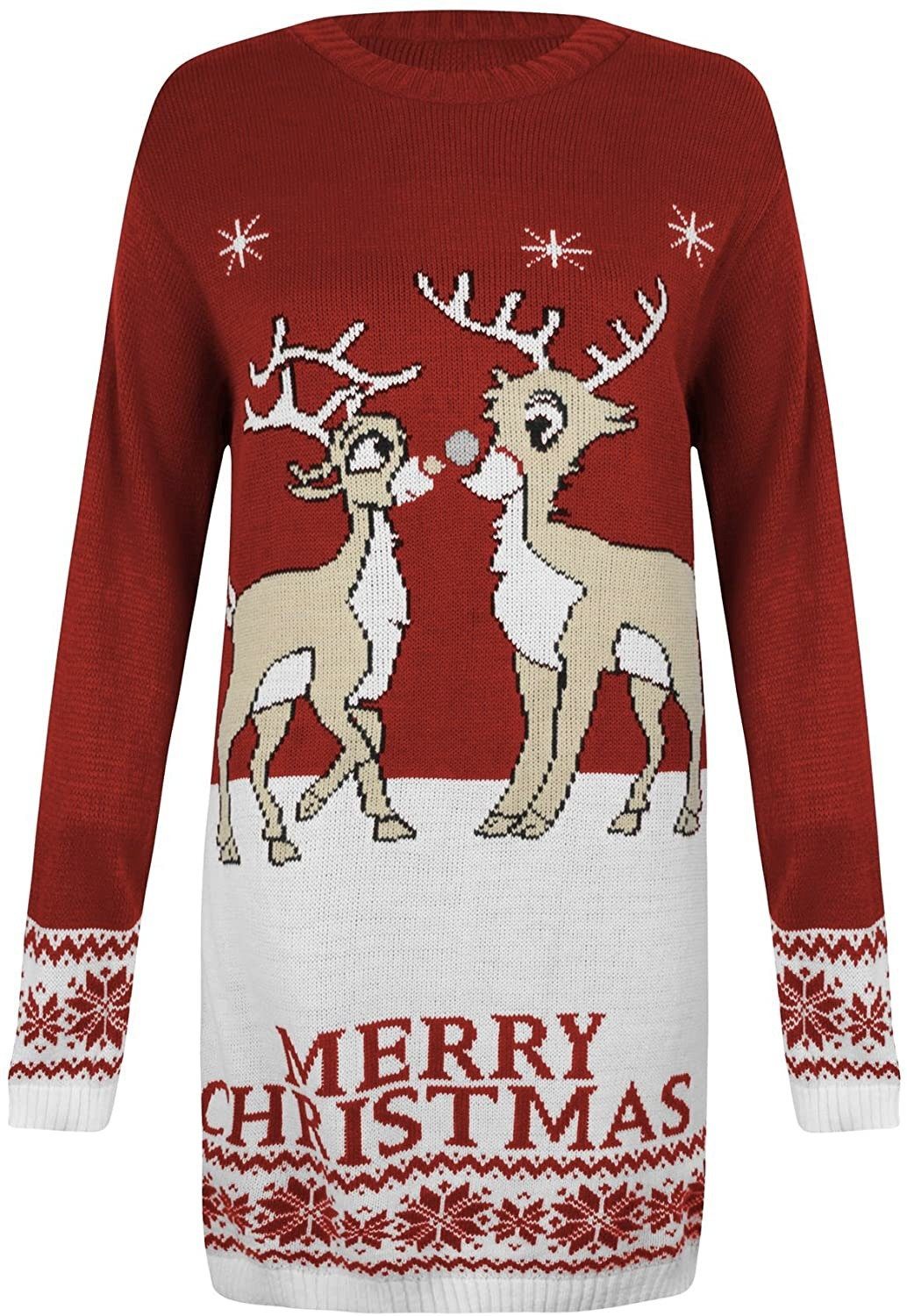 Worldclassca Weihnachtspullover Worldclassca Weihnachten Merry Christmas Sweater Damen Pullover Teenager Mädchen Pulli Weihnachtspullover Xmas Rudolph Rentier Rote Bommel Nase S-XXL