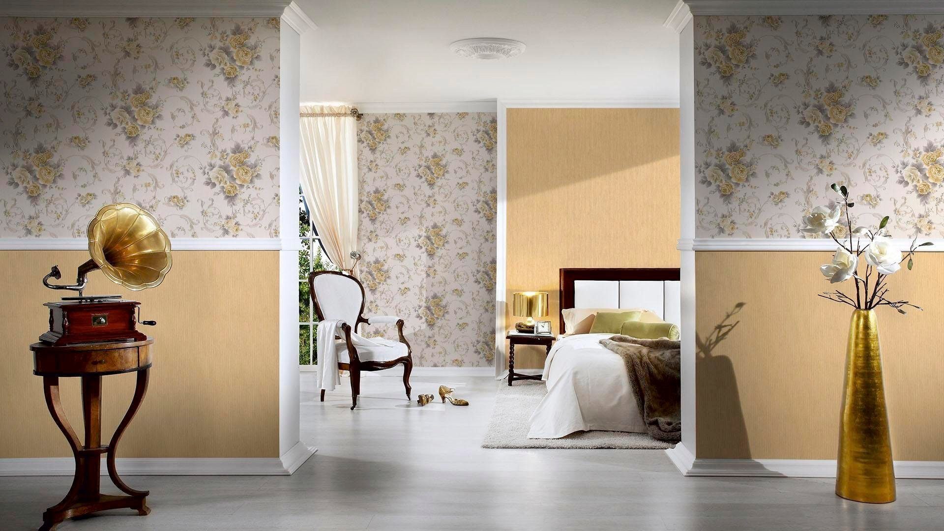 Romantica, Klassische Vliestapete Tapete Floral Grau Barock, Metallic Weiß living walls