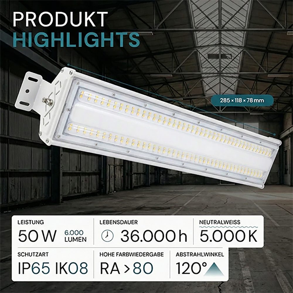 LUXULA LED Flutlichtstrahler Linear Hallenleuchte, LED fest integriert, 5000K Neutralweiß, HighBay 50W 6000lm LUMILEDS Hallenstrahler IP65