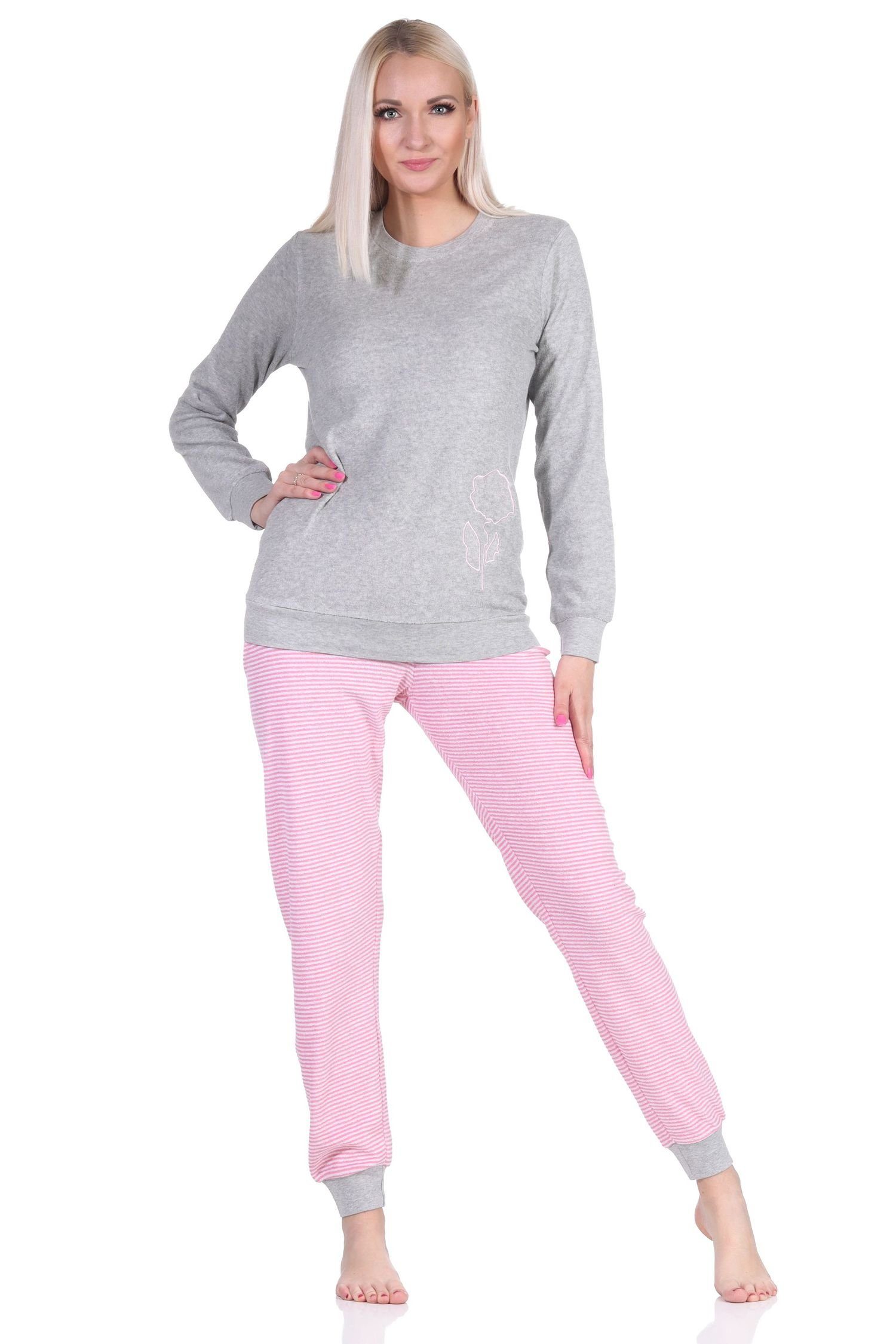 Normann Pyjama Damen Frottee Schlafanzug lang mit Bündchen und floraler Applikation pink
