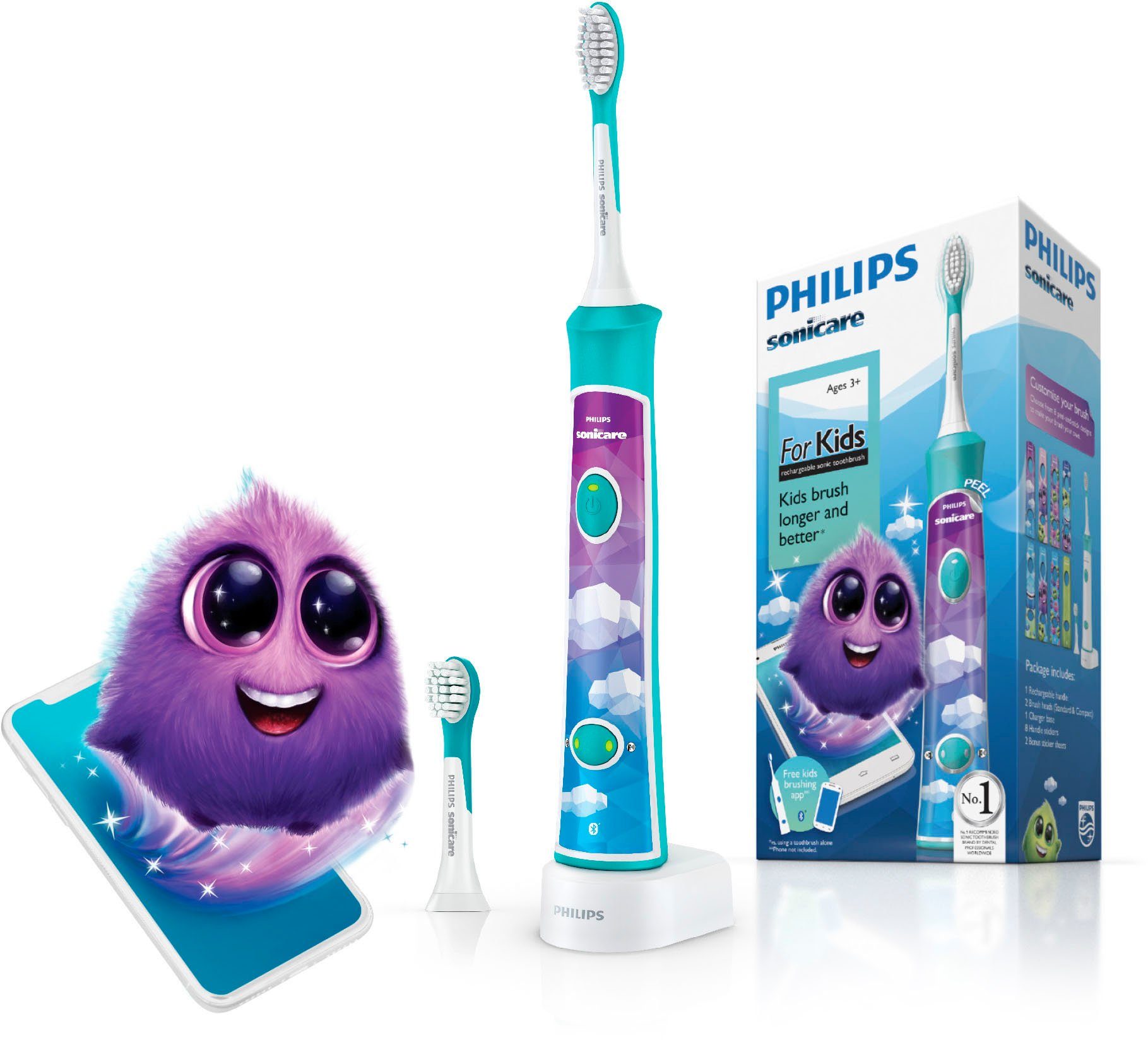 Philips Sonicare Elektrische Kinderzahnbürste HX6322/04, Aufsteckbürsten: 2 St., inkl. 8 Aufkleber