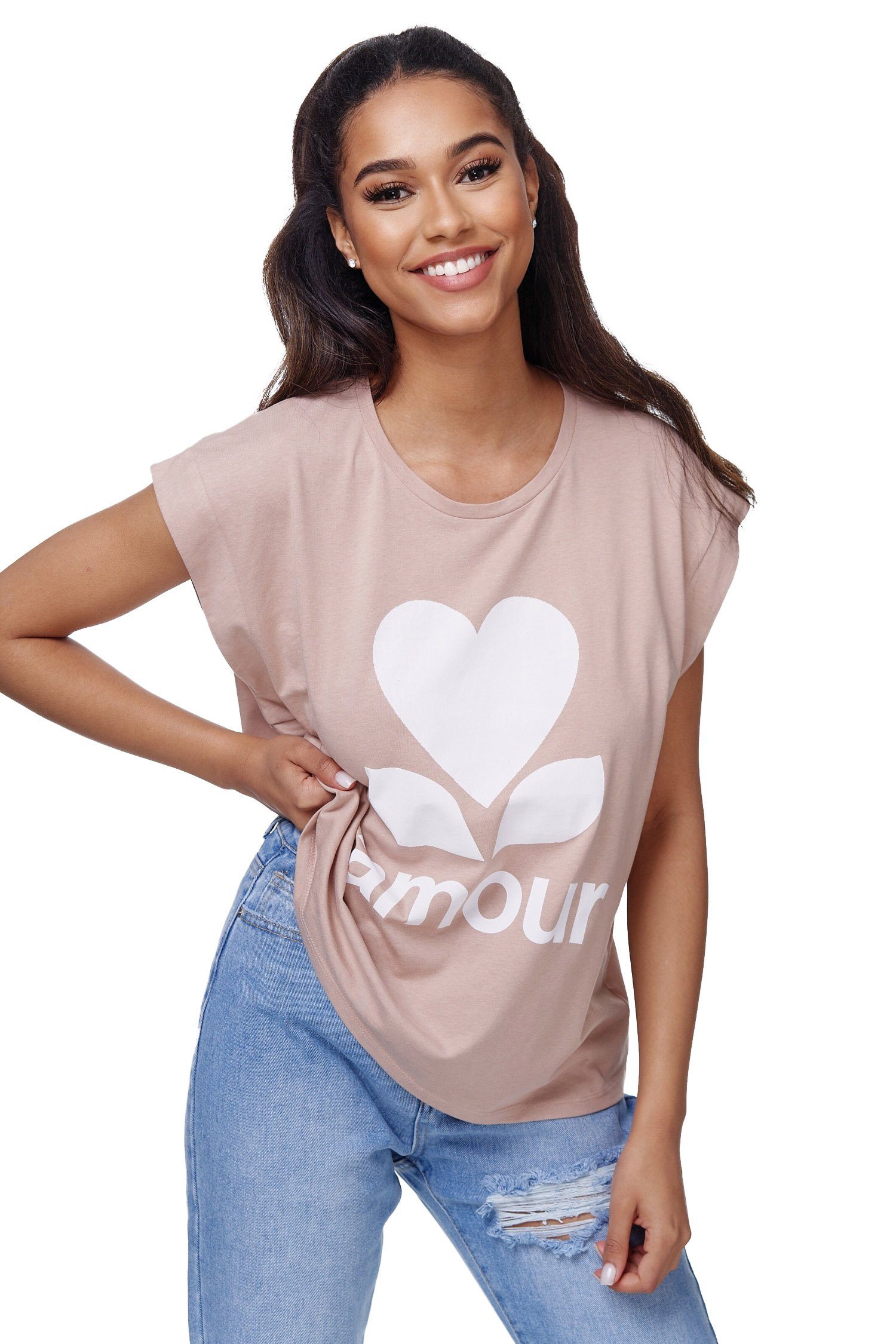 Rayshyne Print-Shirt RS-01 (Damen T-Shirt mit modischem Aufdruck Amour in Einheitsgröße)