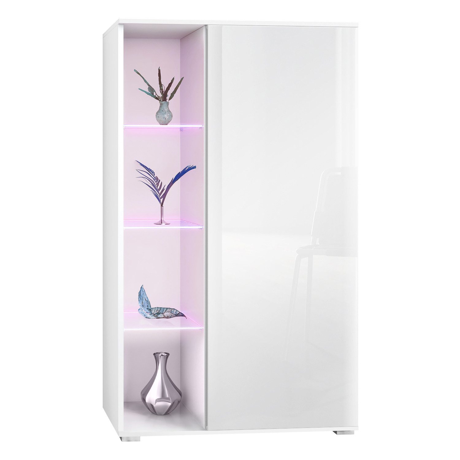 Vladon Standvitrine Davos (Standvitrine, mit 3 Glasböden und 8 Fächer inkl. LED) Weiß matt/Weiß Hochglanz (71,5 x 134 x 35 cm)