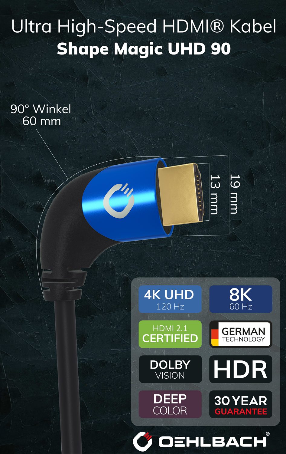 OEHLBACH Shape Magic UHD 90 Ultra-High-Speed HDMI® Kabel mit 90° Stecker HDMI-Kabel, HDMI, HDMI (100 cm), 8K/4K, Winkelstecker