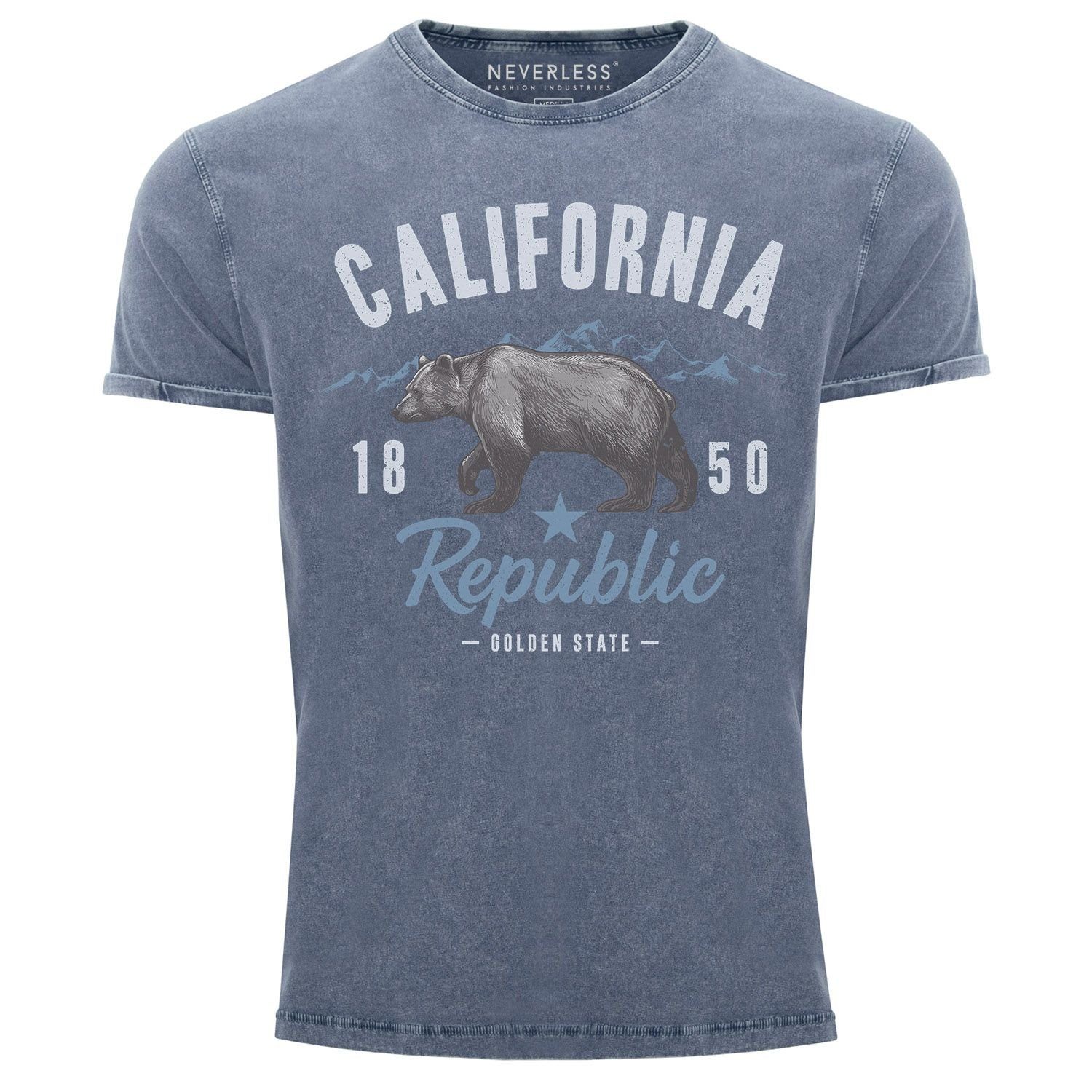 State Shirt Golden Summer California Bär USA Sommer Aufdruck Herren Used Neverless® Look T-Shirt Neverless Vintage Print-Shirt mit Bear blau Print Printshirt