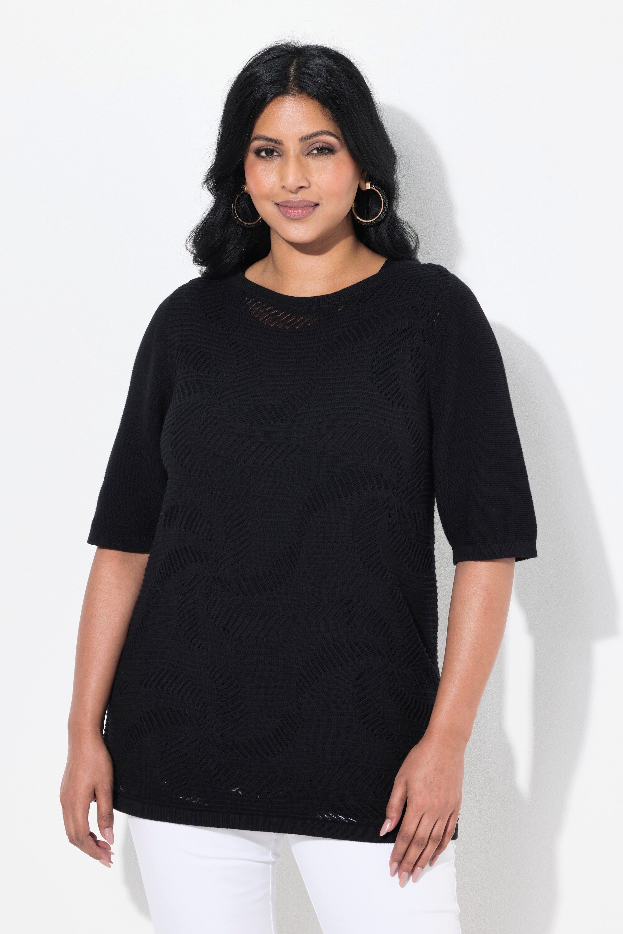 Ulla Popken Strickpullover Pullover Blüten U-Boot-Ausschnitt Halbarm günstig online kaufen