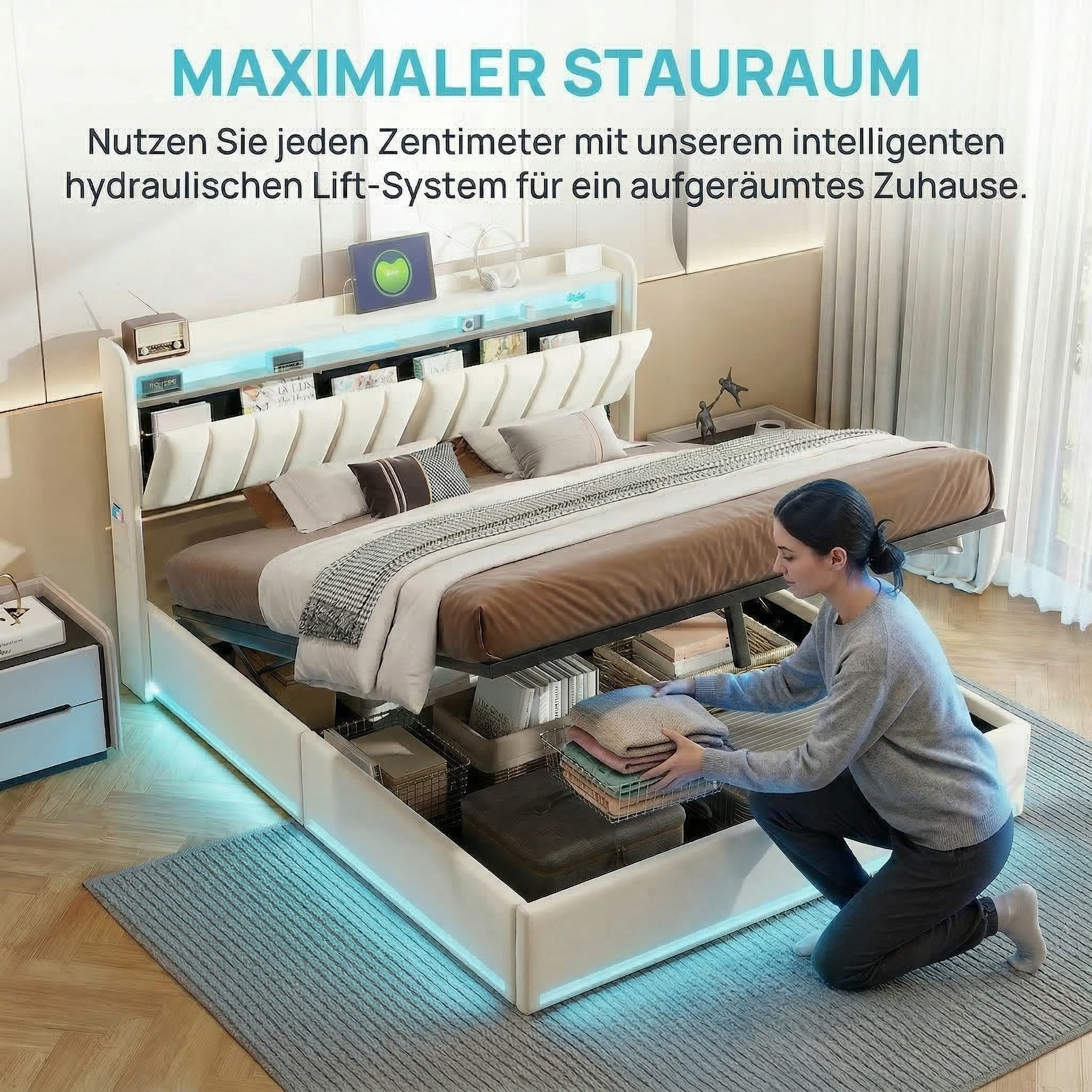 Gdood Polsterbett Stauraumbett Doppelbett LED (Type-C + USB, Hydraulisch hebbarer Stauraum), Mit Bettkasten, LED-Beleuchtung, USB-Anschluss, 160x200 cm