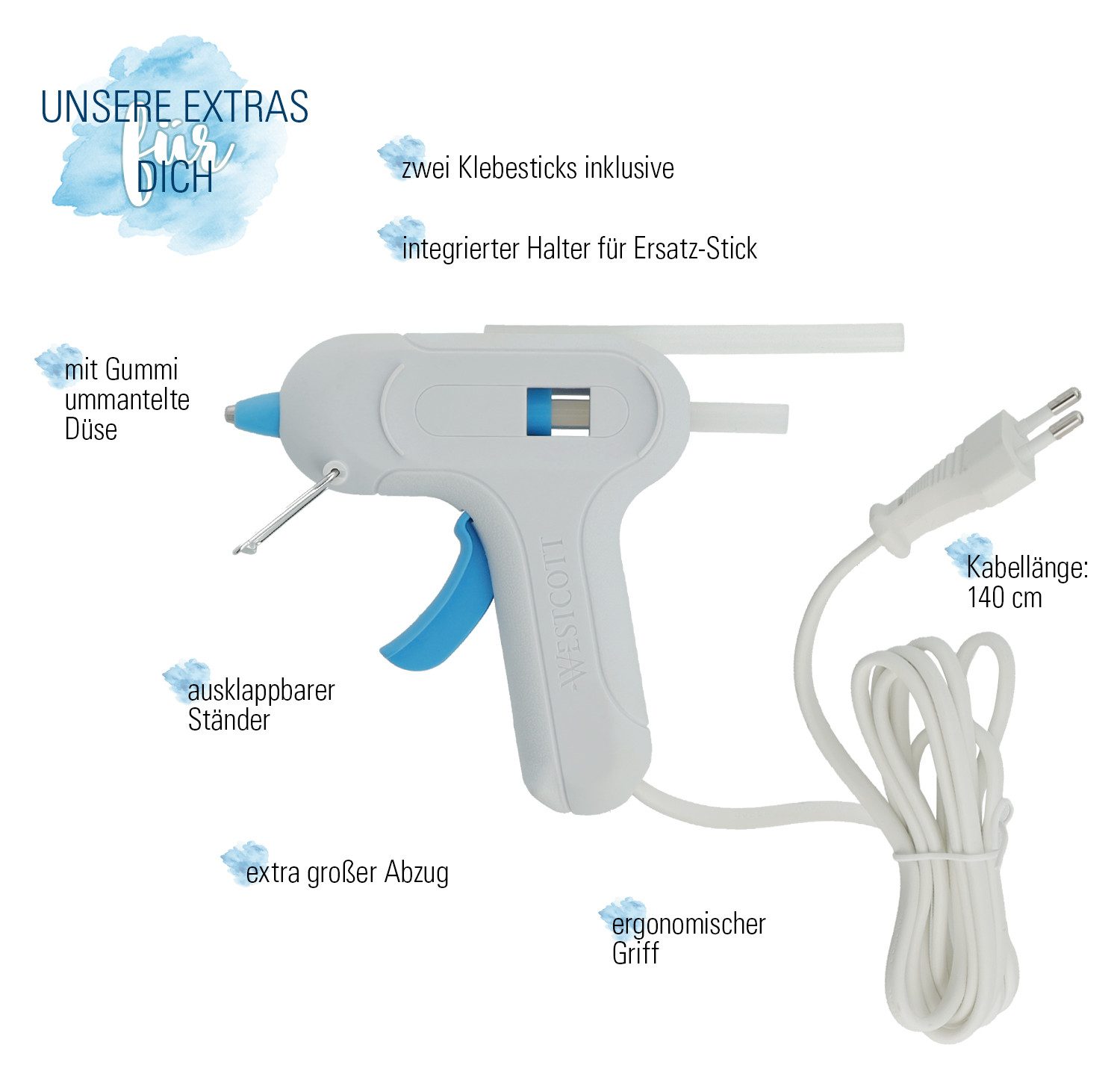 WESTCOTT Heißklebepistole Mini Weiß, DIY Heißkleber inkl. 2 x 7mm Heißklebesticks, 1,4m Kabel, Für Kinder und Erwachsene