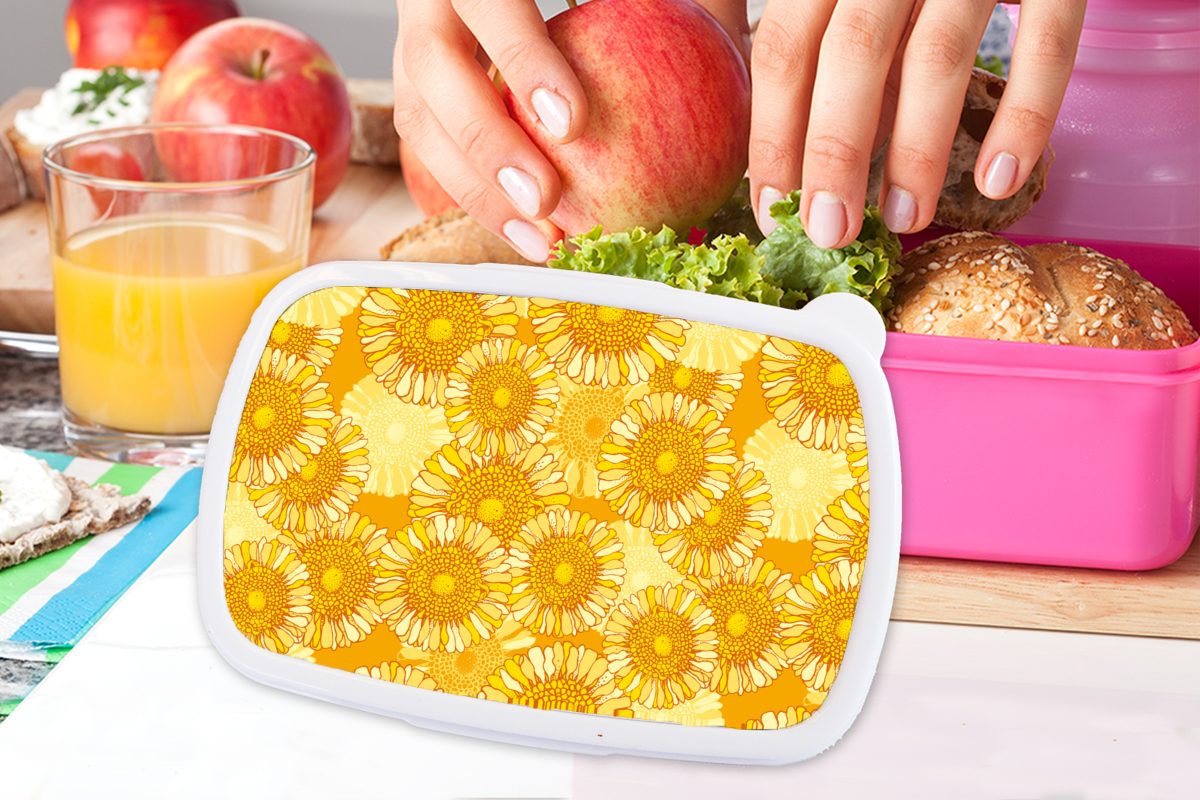 MuchoWow Lunchbox Sonnenblume Snackbox, Mädchen, Kinder, Blumen, - Kunststoff, für Brotdose Sommer Erwachsene, - Brotbox rosa Muster - (2-tlg), Kunststoff