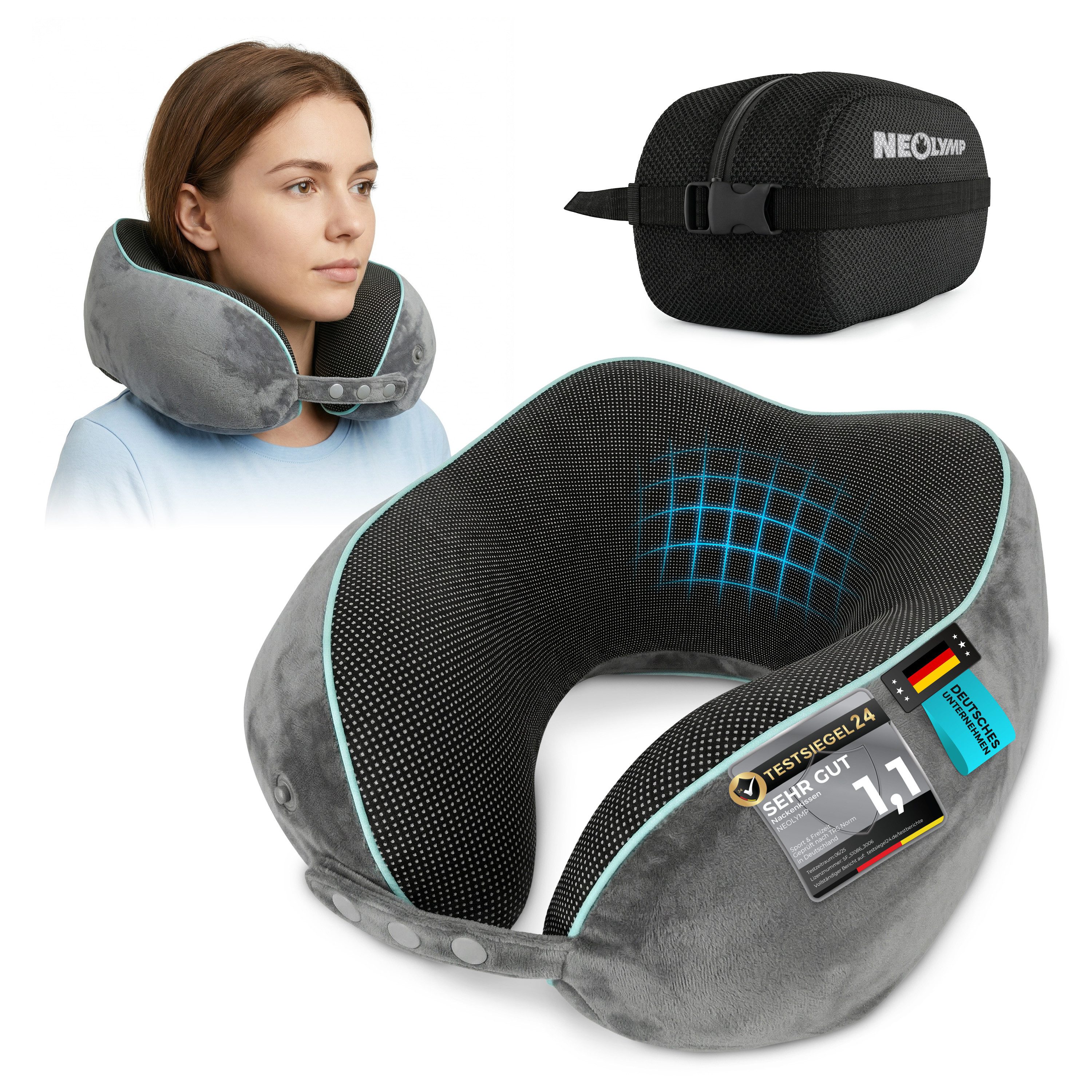 NEOLYMP Nackenkissen Flugzeug mit Kinnstütze verhindert Vorfallen des Kopfes – Reisekissen, Nackenkissen Flugzeug - Komprimierbar mit Tasche & Kofferband, Nackenkissen Reise Travel Pillow - 360° Support & schlanker Rückseite