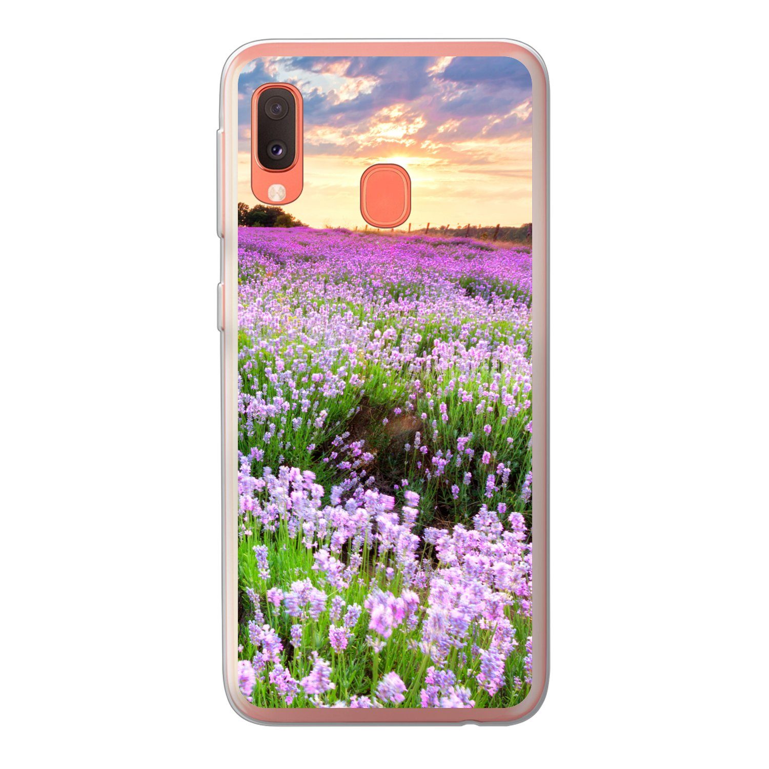 MuchoWow Handyhülle für Samsung Galaxy A20e Blumen - Lavendel - Lila - Himmel - Sonnenunte, Smartphone-Bumper, Print, Handy Schutzhülle Dünn