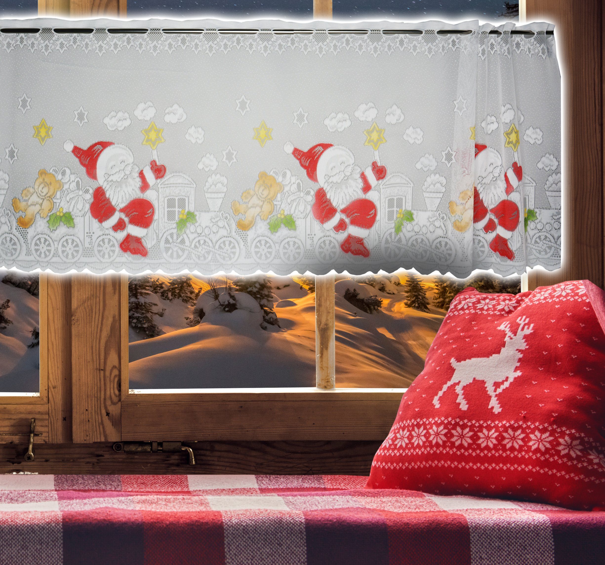 Scheibengardine Scheibengardine Weihnachtsmann Zug, HxB transparent, Stangendurchzug Scheibengardine, 50x140cm, St), (1 Clever-Kauf-24, Store