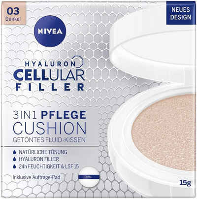 Nivea Make-up Hyaluron Cellular Filler 3in1 Pflege Cushion Fluid Schwamm, Kollagen-Booster, feuchtigkeitsspendende Foundation, - 03 Dunkel