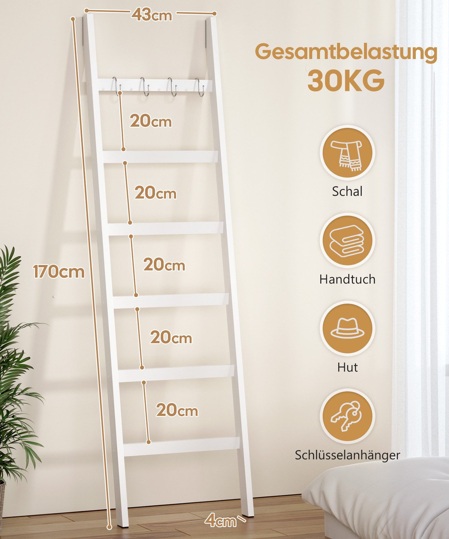 Yorbay Handtuchleiter Handtuchhalter Bambus, 6 Ebenen Leiterregal, 4 Haken und 2 Sicherheitsgurten, 43x170 cm, für Bad, Wohnzimmer
