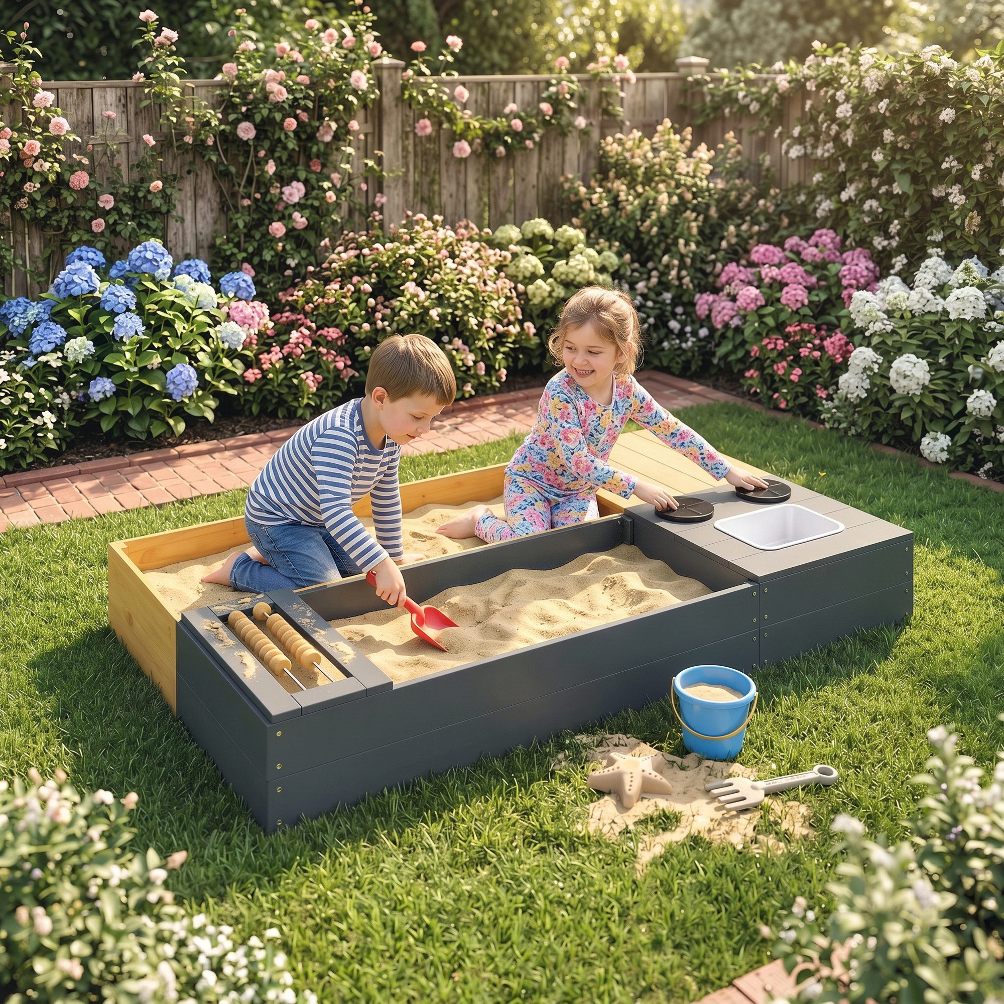 AIYAPLAY Sandkasten Sandkiste Holz mit Sitzbank Stauraum, (150 x 90 cm Sandkiste, 2-tlg., Sandbox), für Kinder von 3-8 Jahren, für Outdoor Garten Hinterhof Gelb