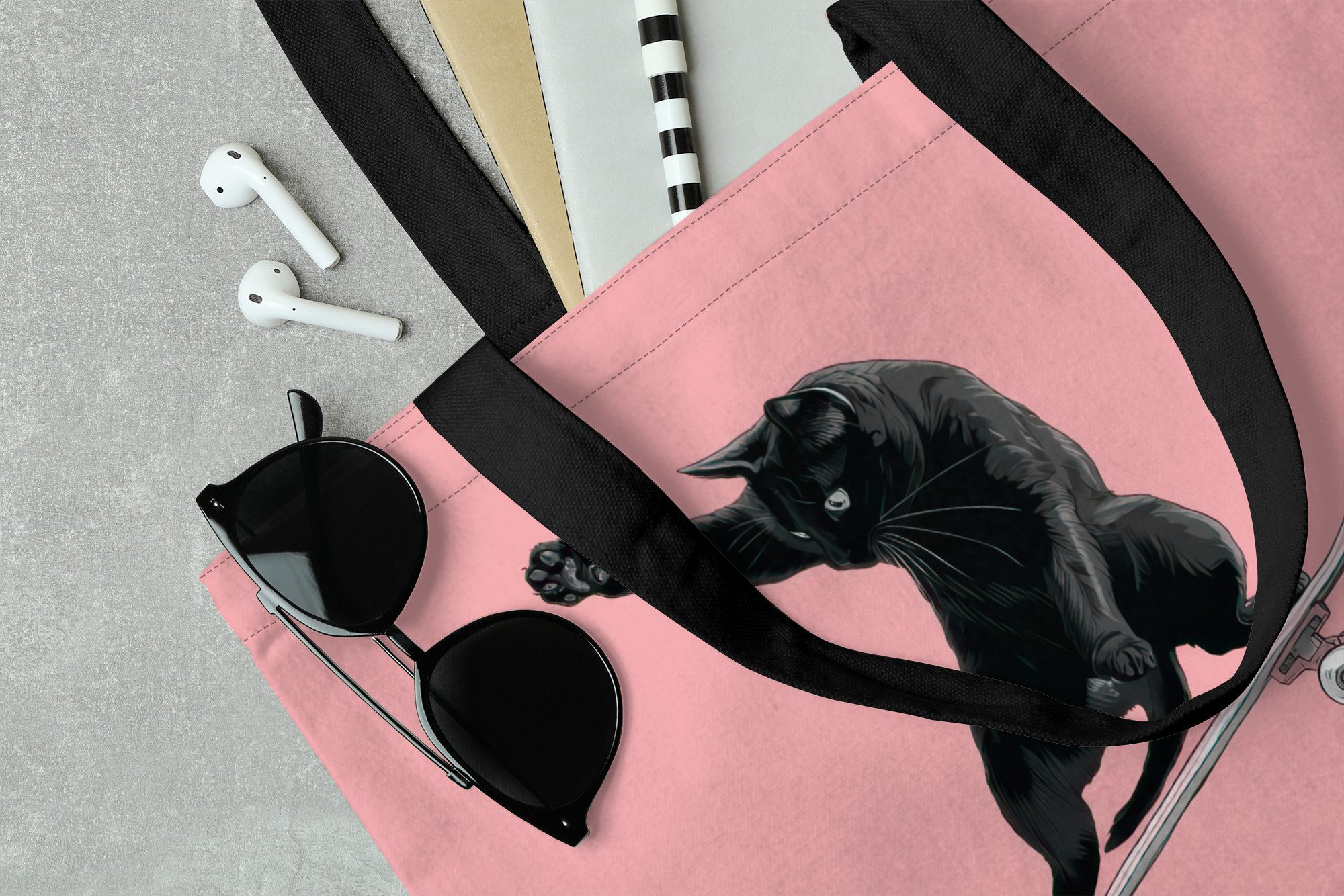 MuchoWow Shopper Katze - Skateboard - Rosa, Handtasche, Damen und Herren, Schultertasche, Umhängetasche, Tote Bag