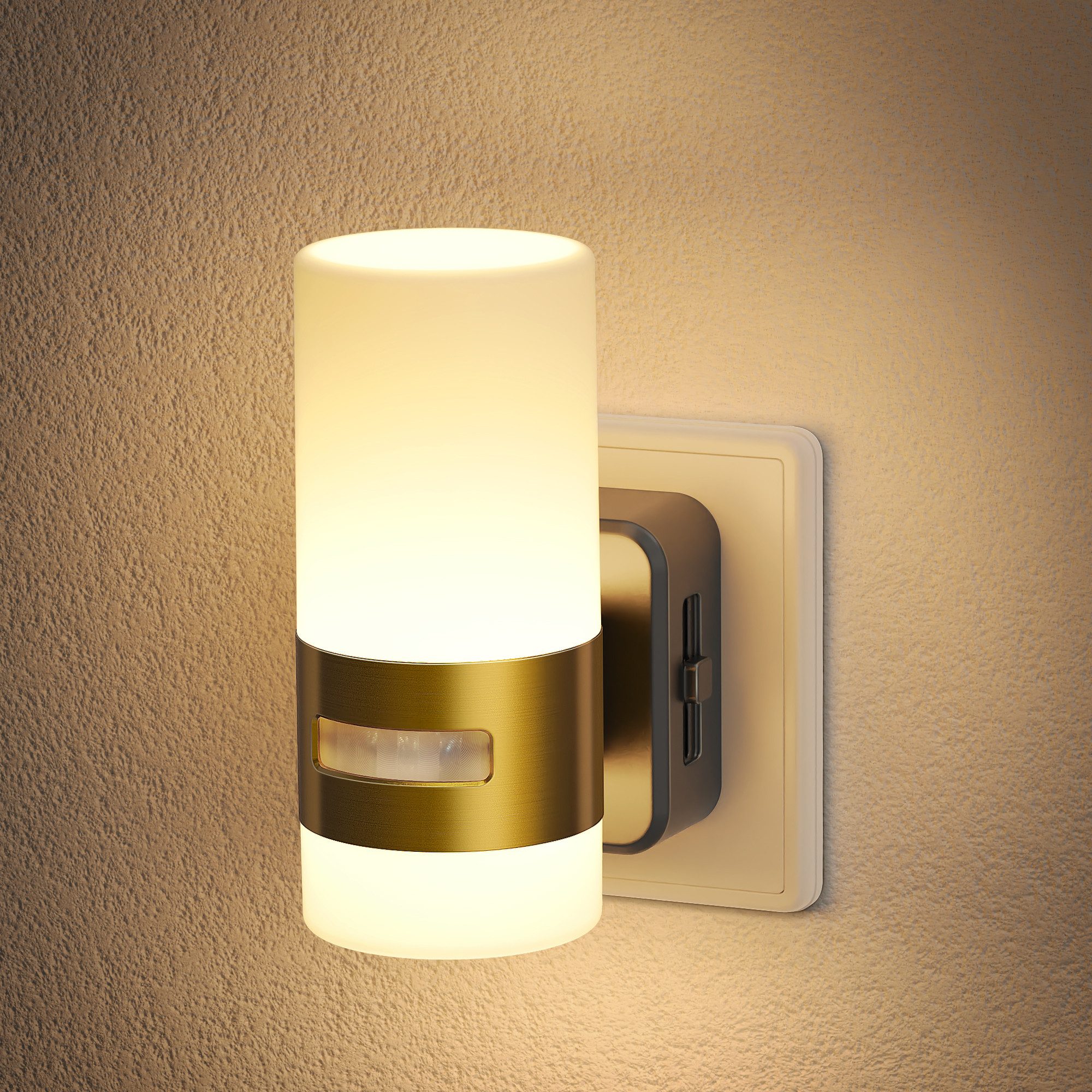 LOHAS-LED Nachtlicht Steckbares Up-Down Nachtlicht mit Bewegungssensor, LED fest integriert, Warmweiß, Stufenlos dimmbar, warmes 2700K Licht mit goldfarbenem Metallring