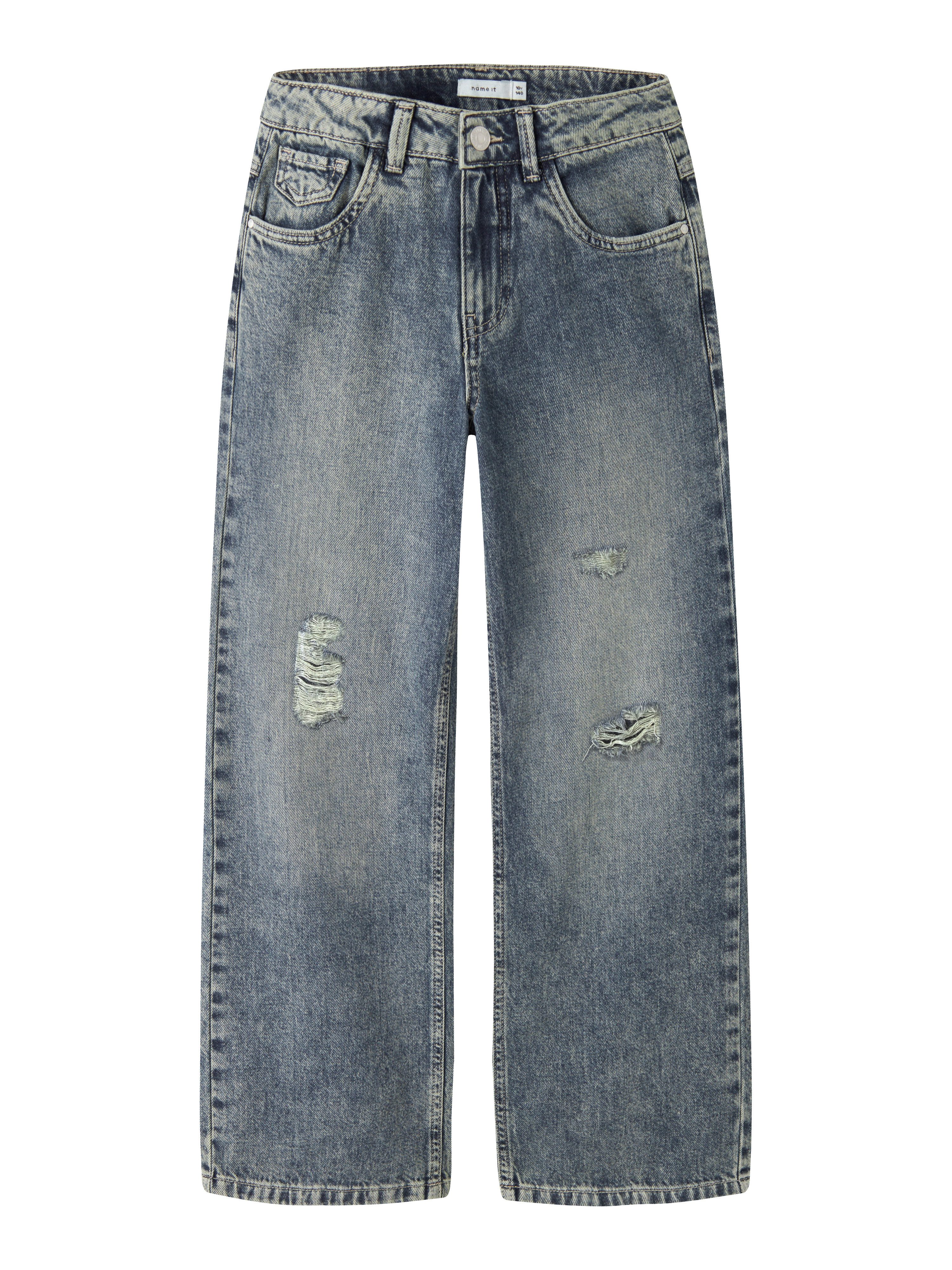 Name It 5-Pocket-Jeans NKFROSE für Mädchen mit Destroyed-Effekt und hohem Bund normal, Denim, Abriebeffekte, Reißverschluss