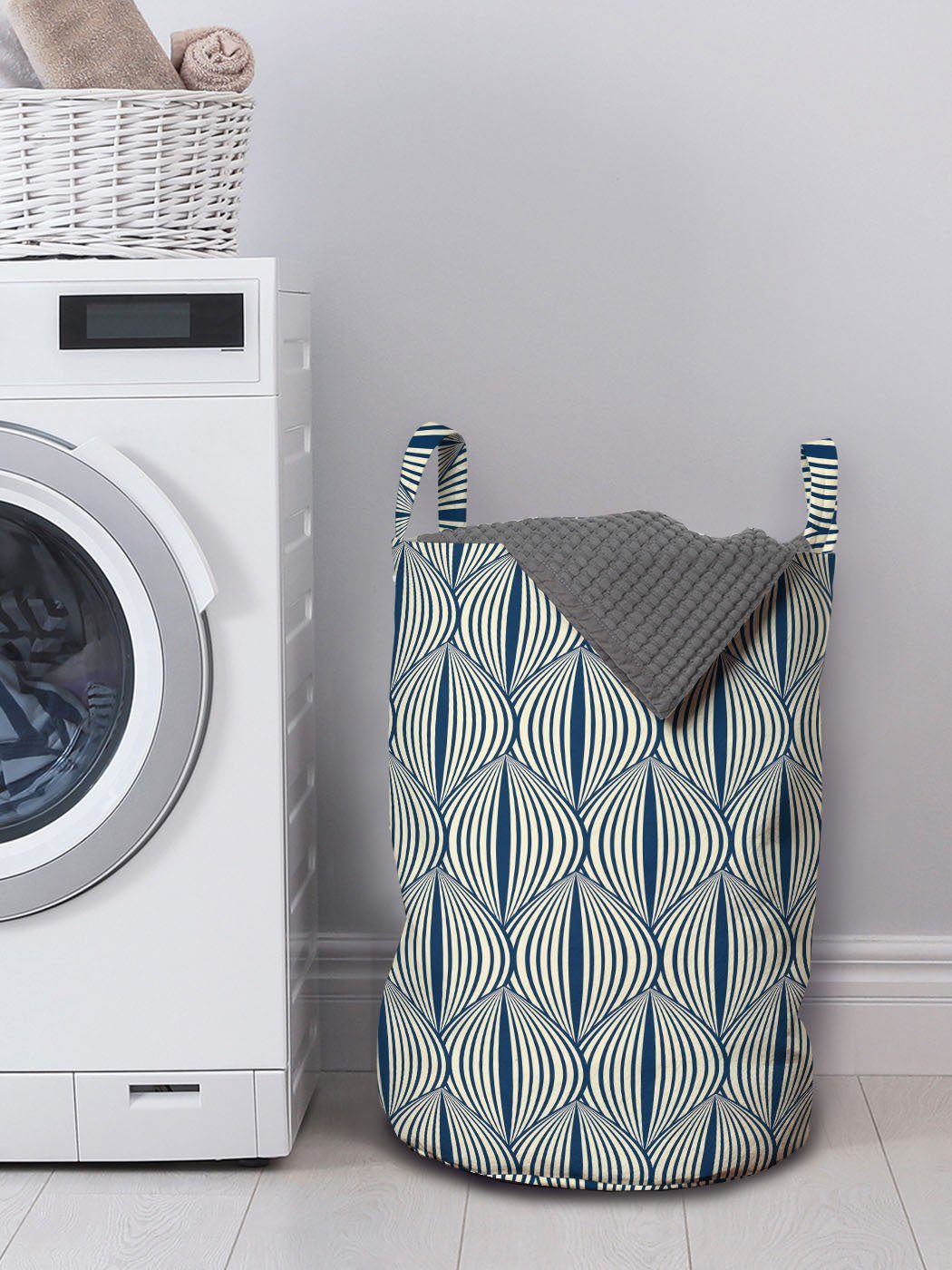 Linien Griffen Kordelzugverschluss für Abakuhaus Retro mit mit Blick Formen Waschsalons, Gebogene Wäschesäckchen Wäschekorb