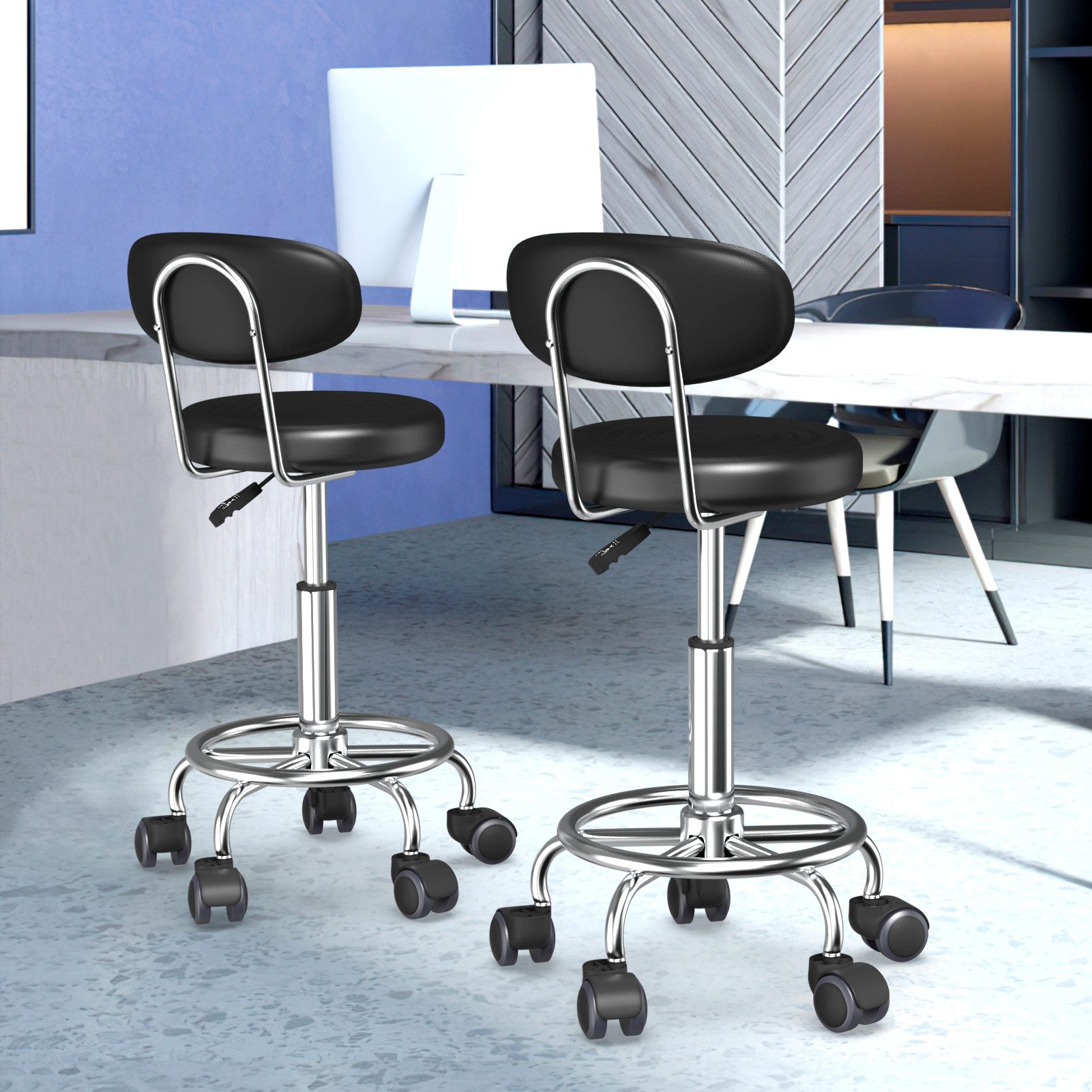 JEOBEST Drehhocker Bürostuhl Arbeitshocker mit Lehne, 360° Drehbar, (2 St., Rollhocker, Ergonomischer), PU Leder Ø34 x 47-61.5 cm – Bild 3 von 5