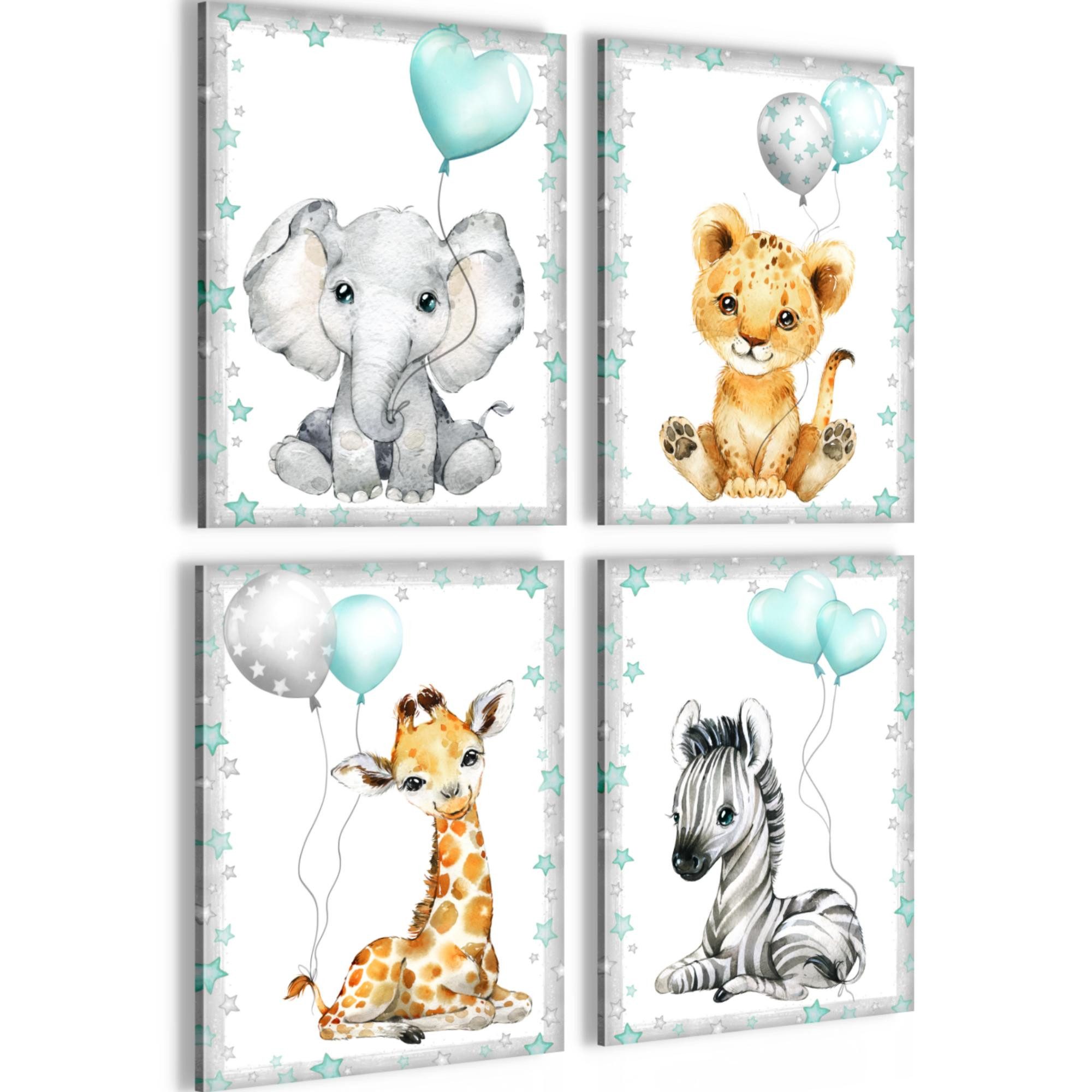Novart Wandbild Kinderzimmer Wandbilder Set Tiere - 4 Bilder 30x40 cm Aufhängfertig, (4 St)