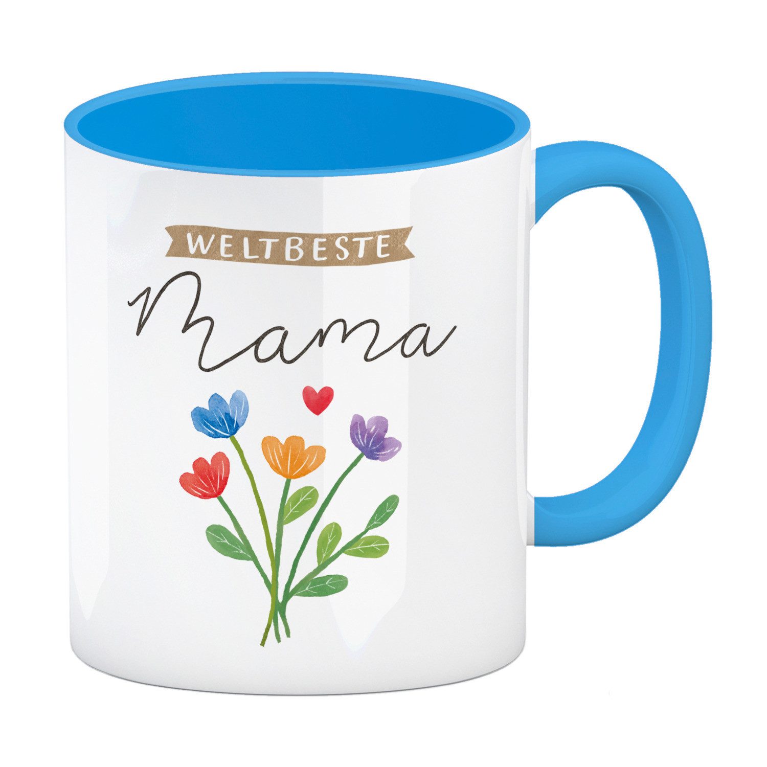 Tasse Blumenstrauß Kaffeebecher in hellblau mit Spruch Weltbeste Mama