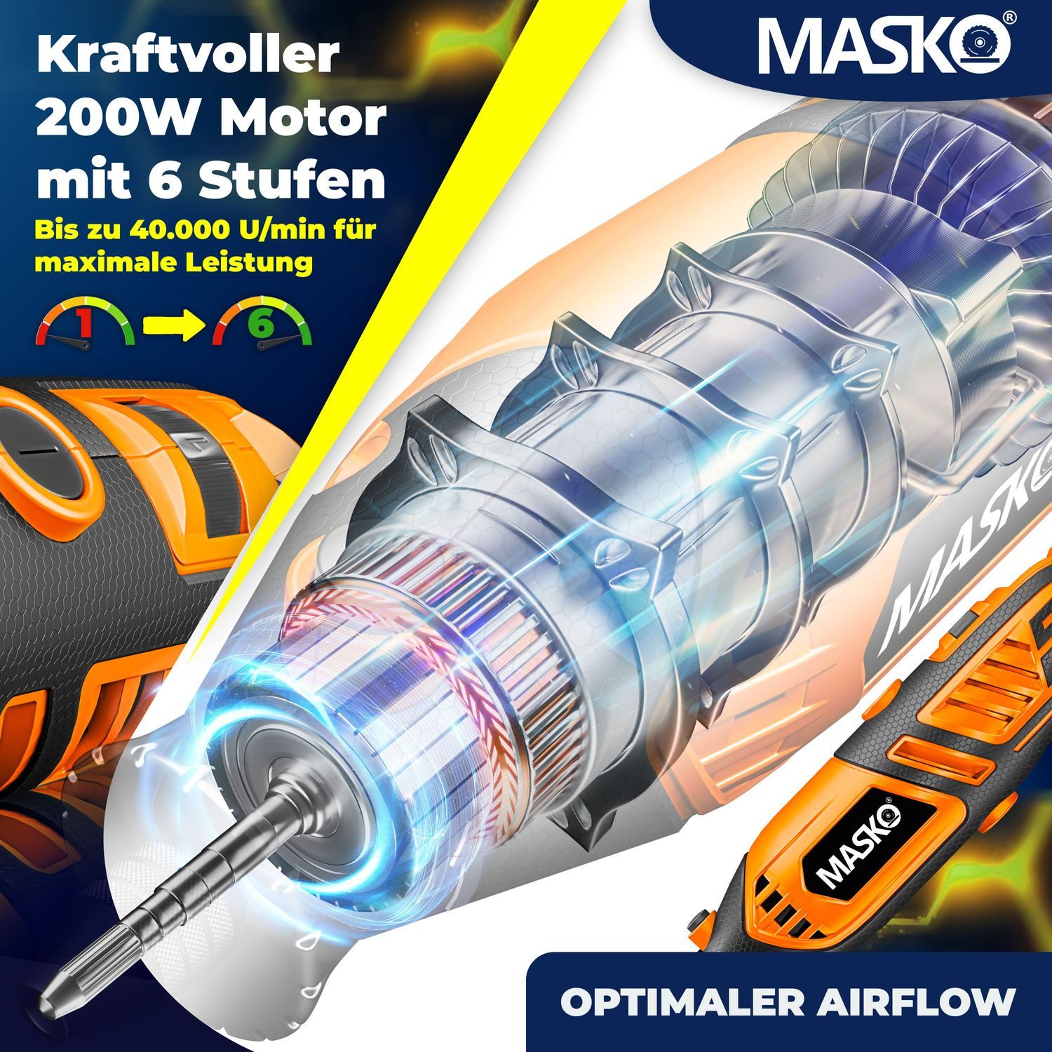 MASKO Elektro-Multifunktionswerkzeug, Schnellspann-Bohrfutter Transportkoffer 141-teilig Set Bohren Polieren, 200W Drehzahl 10000-40000 U/min mit flexibler Welle Rotationswerkzeug