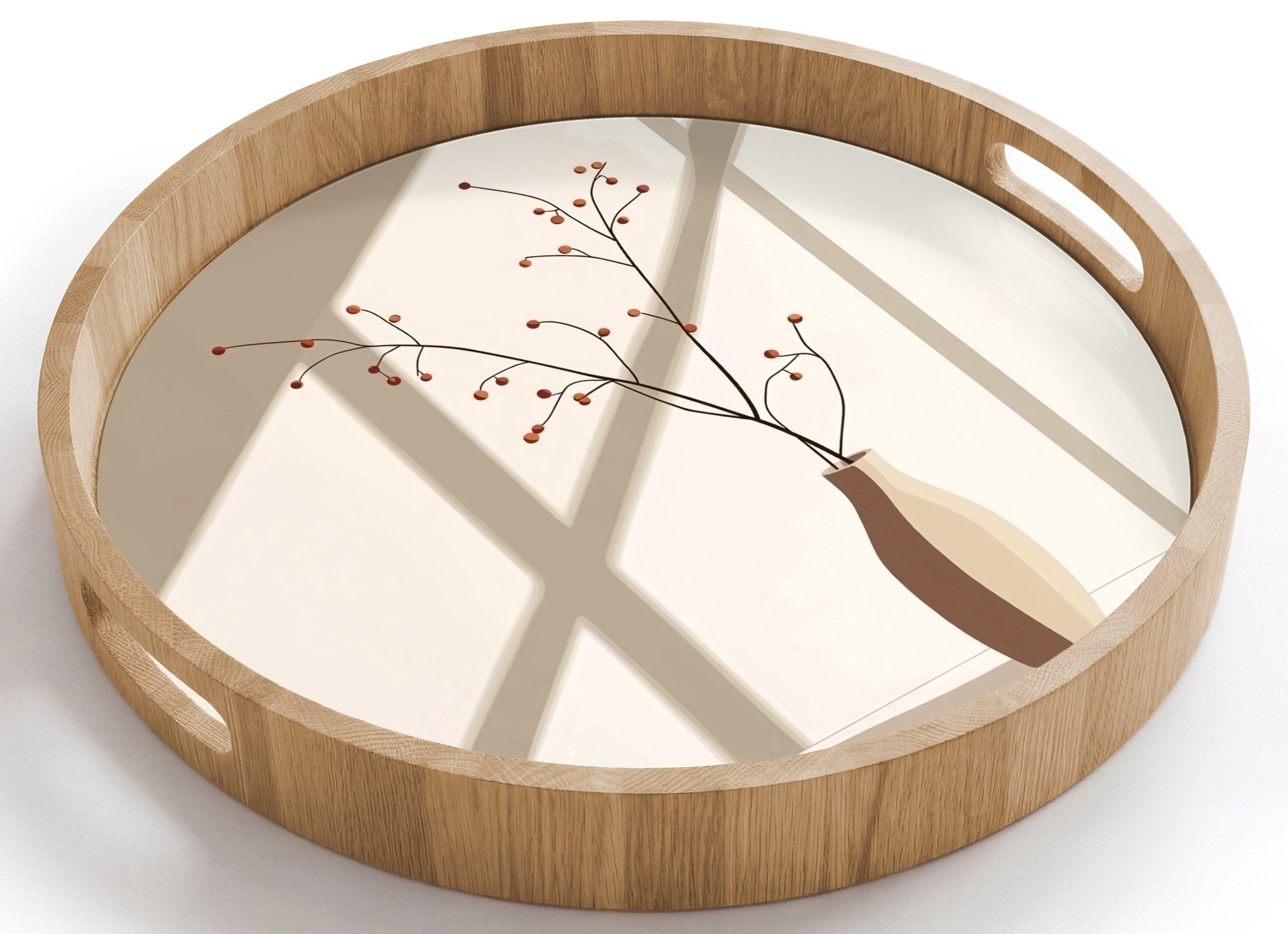 OnlyWow Tablett Rund mit Henkel Vase - Äste - Beeren - Minimalistisch, Eichenholz, (1-tlg), Siervierplatte, Tray, Frühstücksbrett