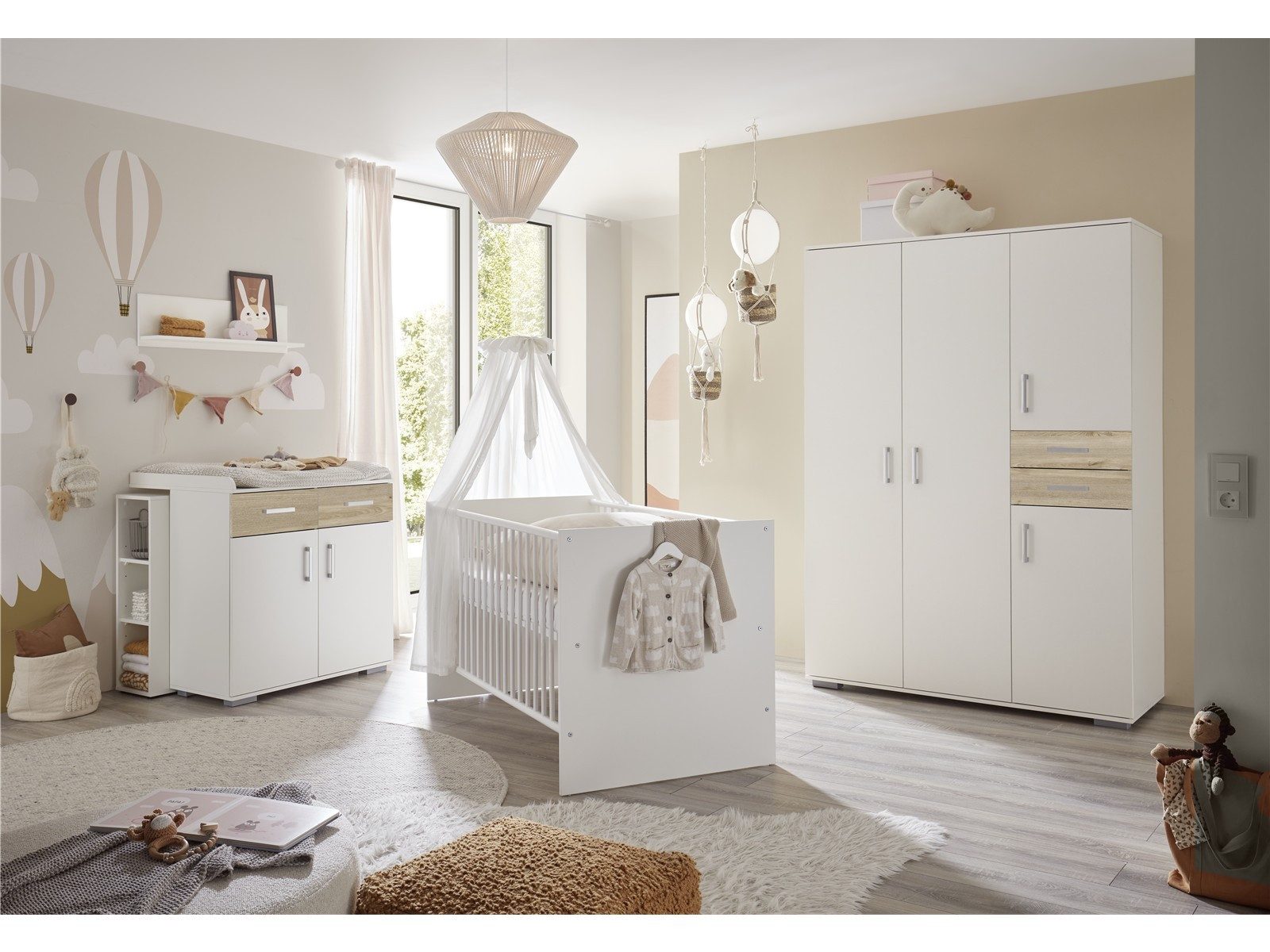 Storado Babymöbel-Set Sienna 7-teilig 70×140cm, Kinderzimmer-Set, Farbe wählbar, Mitwachsendes Babybett, Wickelkommode und geräumiger Schrank