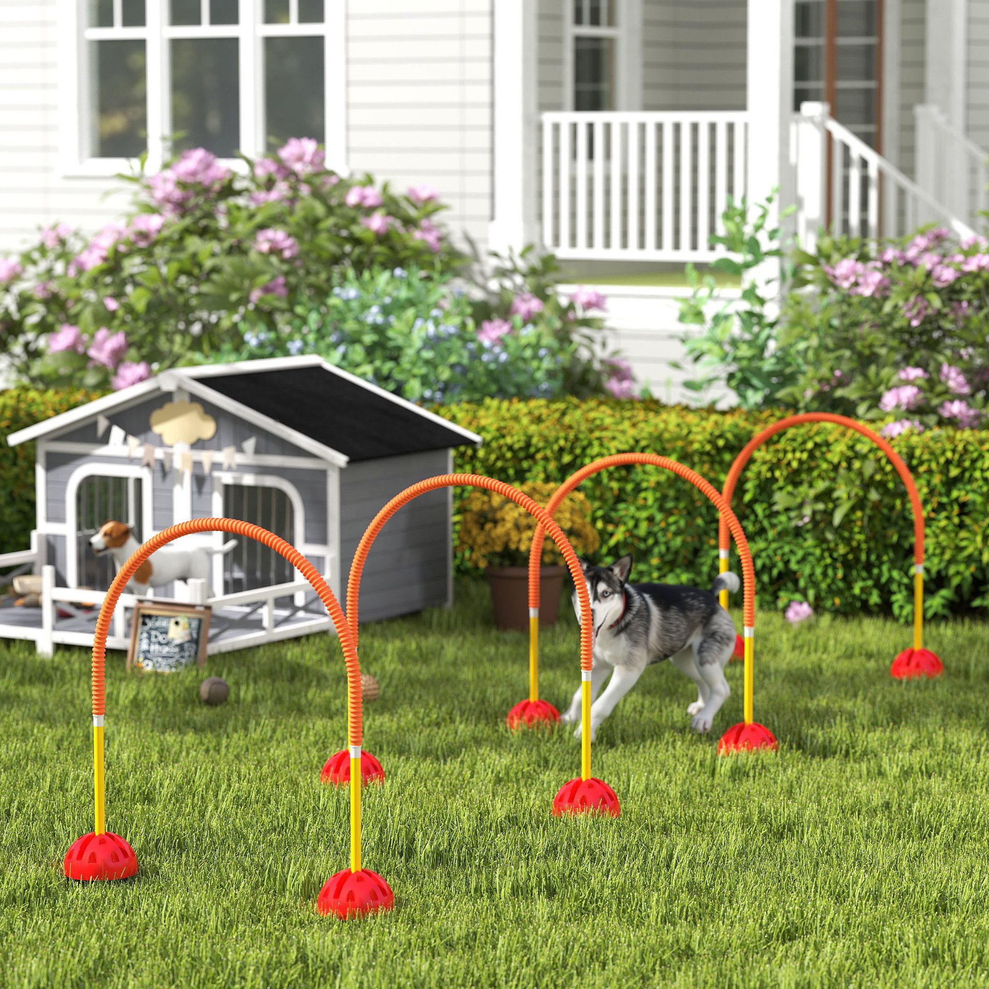 PawHut Agility-Hürde Agility-Ausrüstung Hundetraining verstellbarer Breite Blau+Orange, Kunststoff, Agility Set (4-tlg) für Hundetraining, Spiele, Training, Orange+Gelb