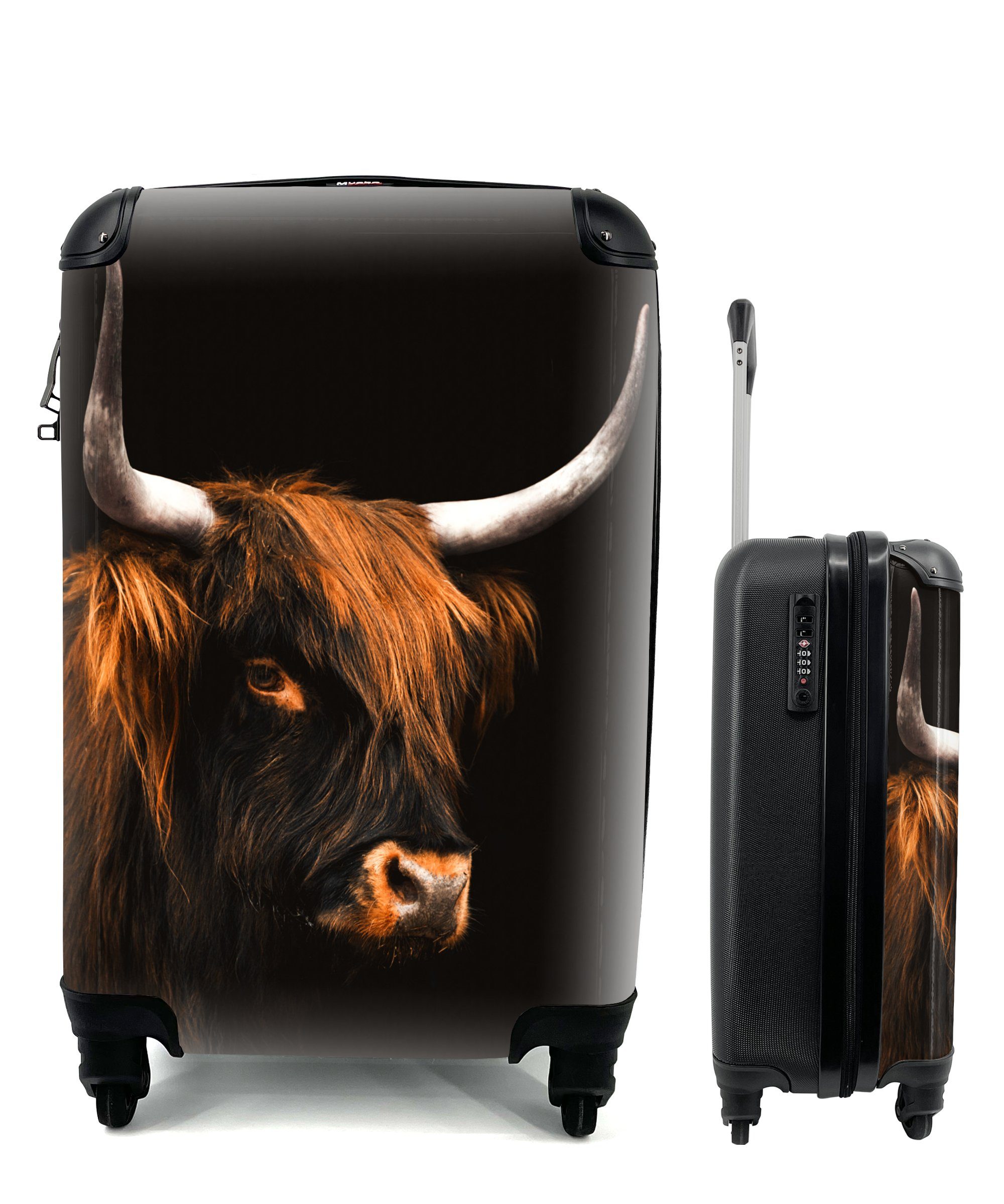 MuchoWow Handgepäckkoffer Schottischer Highlander Reisekoffer für Handgepäck Ferien, Trolley, - Reisetasche Rollen, Schwarz, Kuh rollen, - mit 4