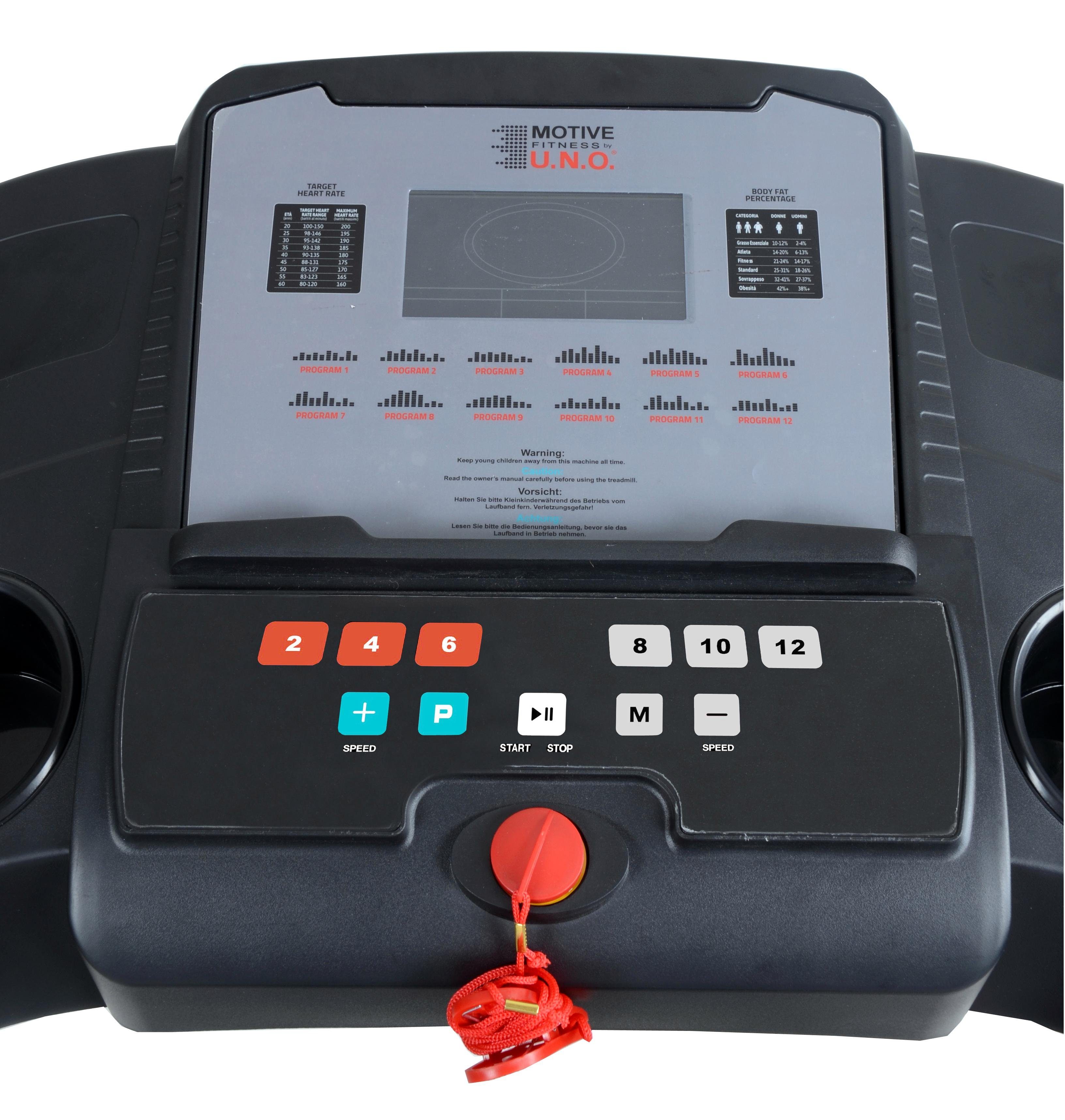 MOTIVE FITNESS by U.N.O. Laufband Speed Master 1.8 M (mit/ohne Unterlegmatte) (Soft-Drop-Klappmechanismus), bis max. 18 km/h, klappbar, mit Steigung, 120 kg max. Benutzergewicht