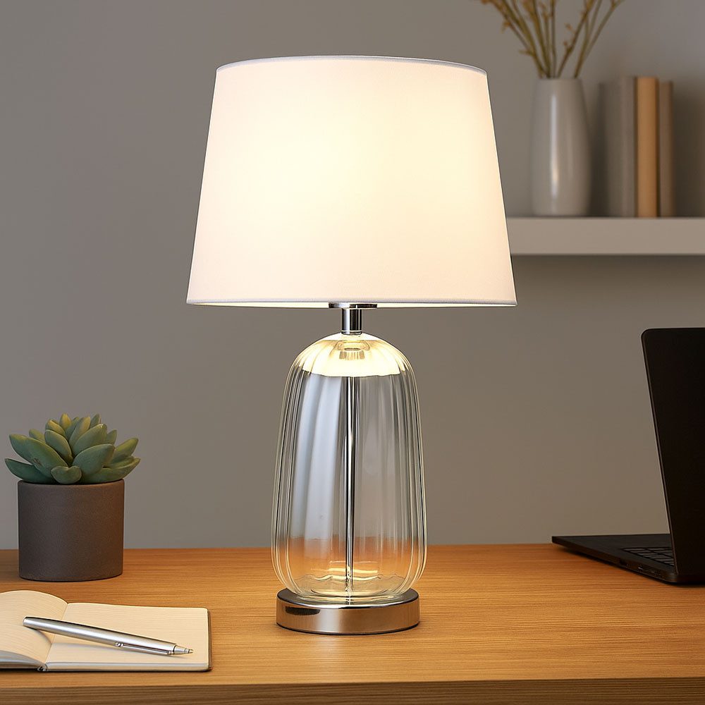 GLOBO LIGHTING Schreibtischlampe, Leuchtmittel inklusive, Warmweiß, LED Tischlampe Nachttischleuchte Glas Textil verchromt weiß H 52 cm