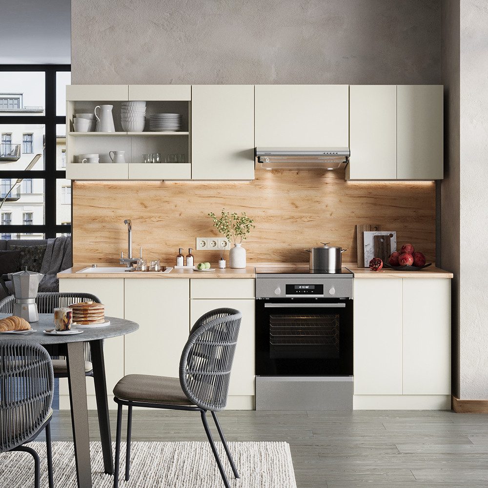 Vicco Küchenzeile R-Line, Beige/Goldkraft Eiche, 240 cm, AP Eiche