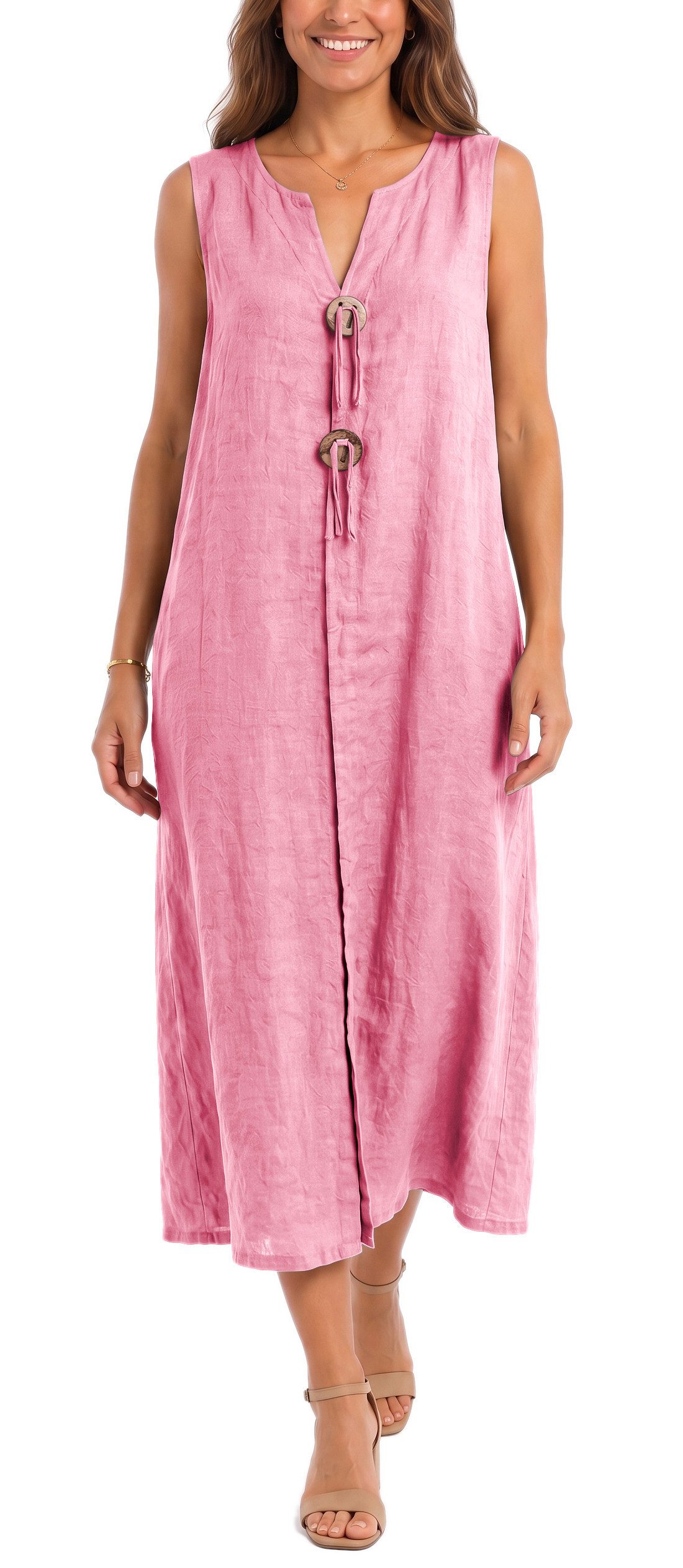 dy_mode Sommerkleid Damen Leinenkleid Luftiges Maxi Sommerkleid Strandkleid Damenkleid in Unifarbe, V-Ausschnitt, mit seitlichen Eingriffstaschen