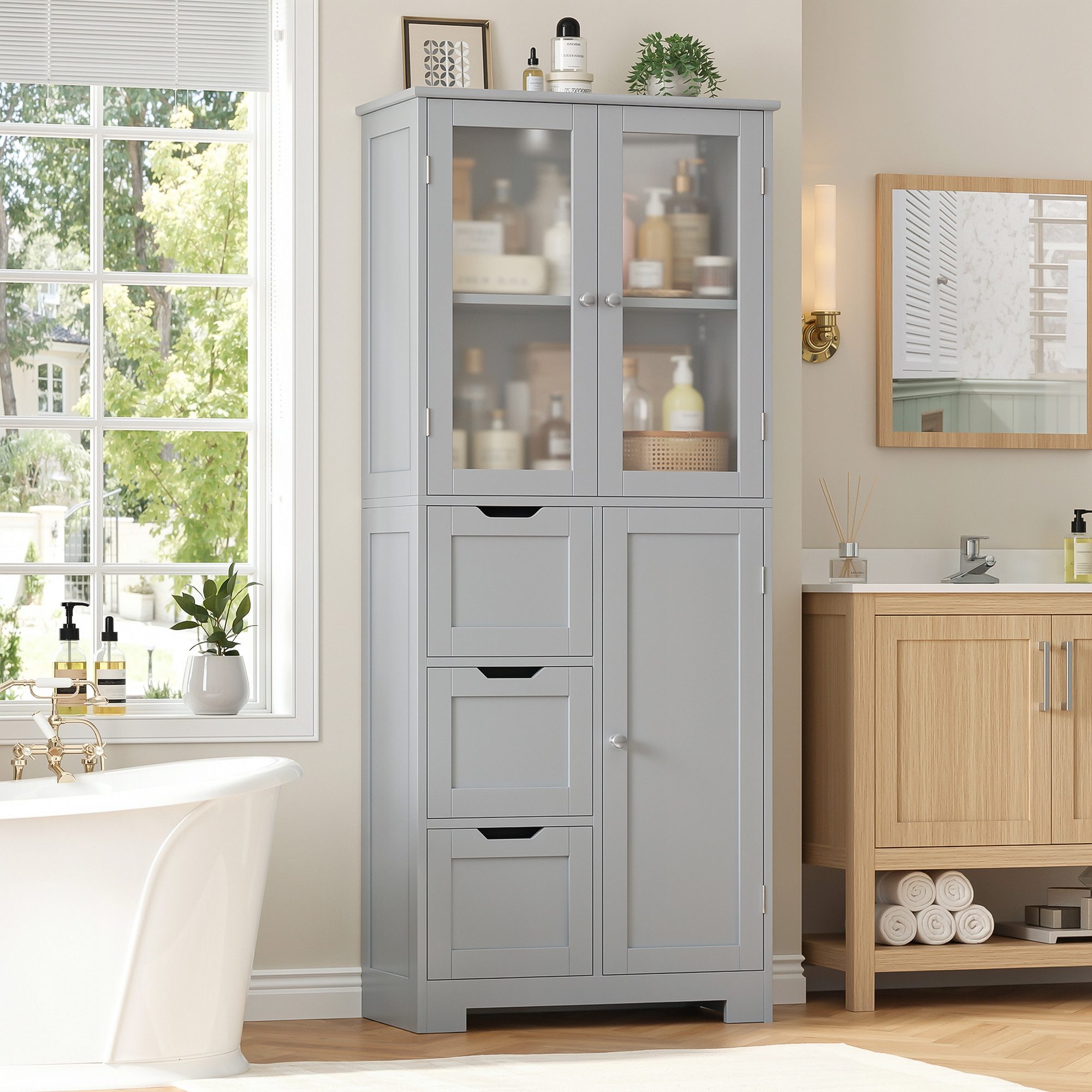 HOMECHO Hochschrank Badezimmerschrank mit 3 Türen und 3 Schubladen