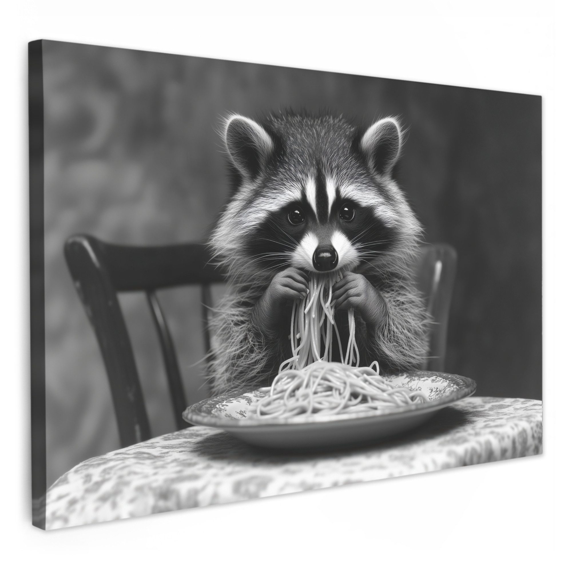 OneMillionCanvasses® Leinwandbild Waschbär - Niedlich - Pasta - Tischtuch - günstig online kaufen