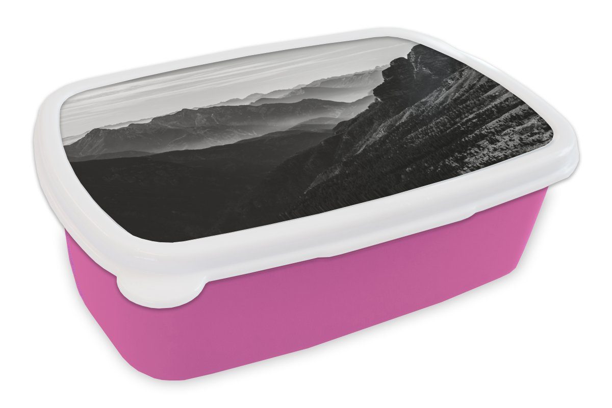 MuchoWow Lunchbox Berge - Natur - Nebel, Kunststoff, (2-tlg), Brotbox für Erwachsene, Brotdose Kinder, Snackbox, Mädchen, Kunststoff rosa