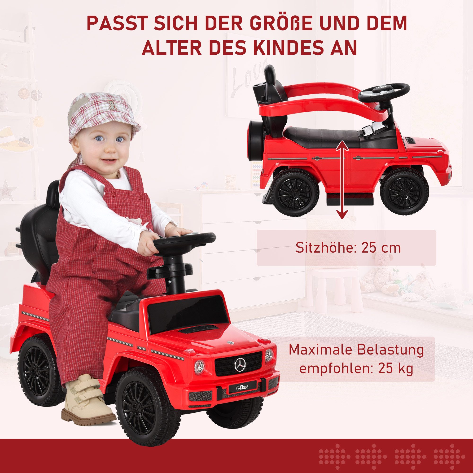 HOMCOM Rutscher Rutschfahrzeug mit Lenkrad, Kinderfahrzeug mit Hupe Fußstütze, (3-in-1 Schiebeauto, 1-tlg., Rutschauto mit Schiebstange), für Kinder von 18 bis  – Bild 5 von 5