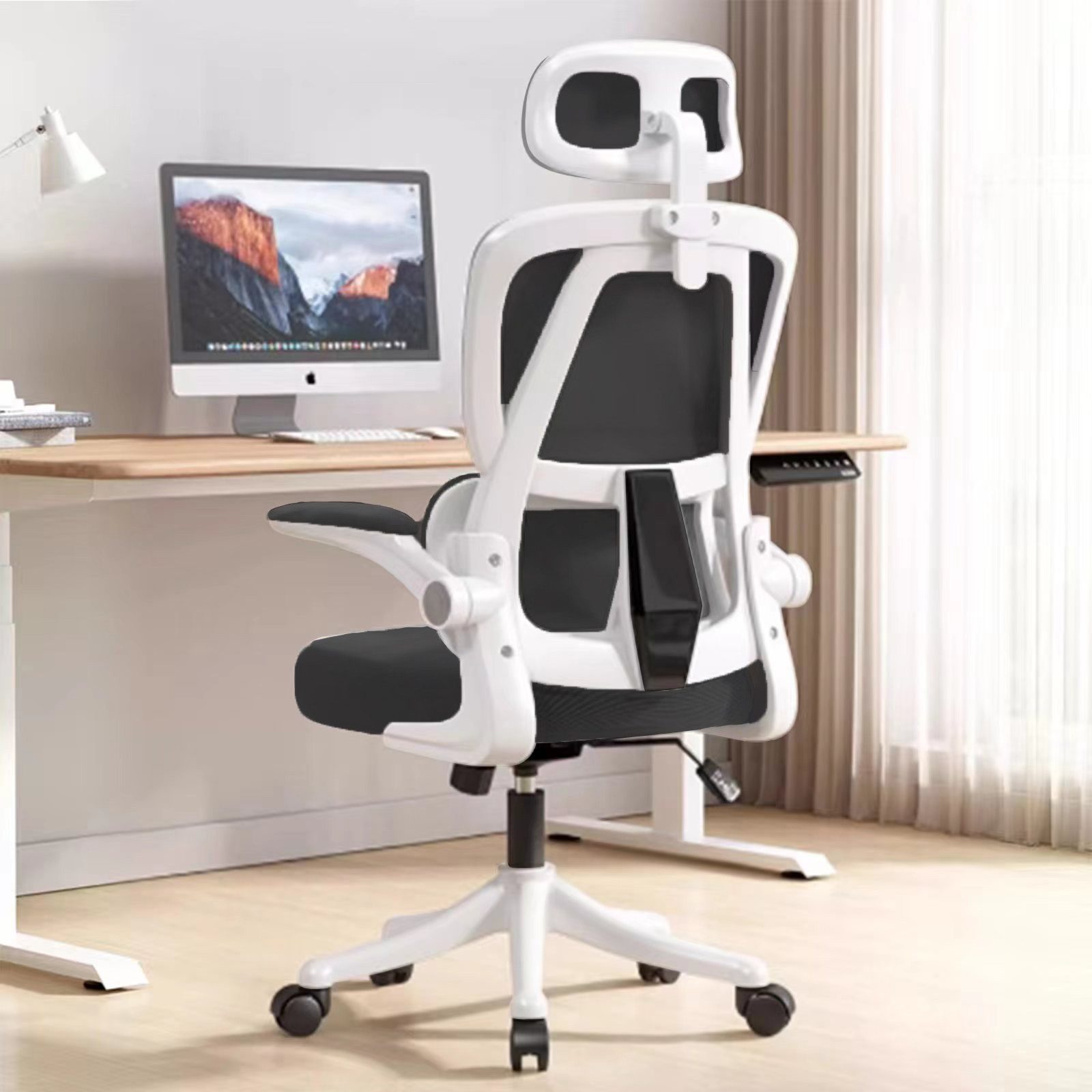 HDHNBA Schreibtischstuhl ergonomisch mit verstellbarer Kopfstütze & klappbaren Armlehnen (1 St), Bürostuhl mit hoher Rückenlehne, Drehstuhl für Home-Office