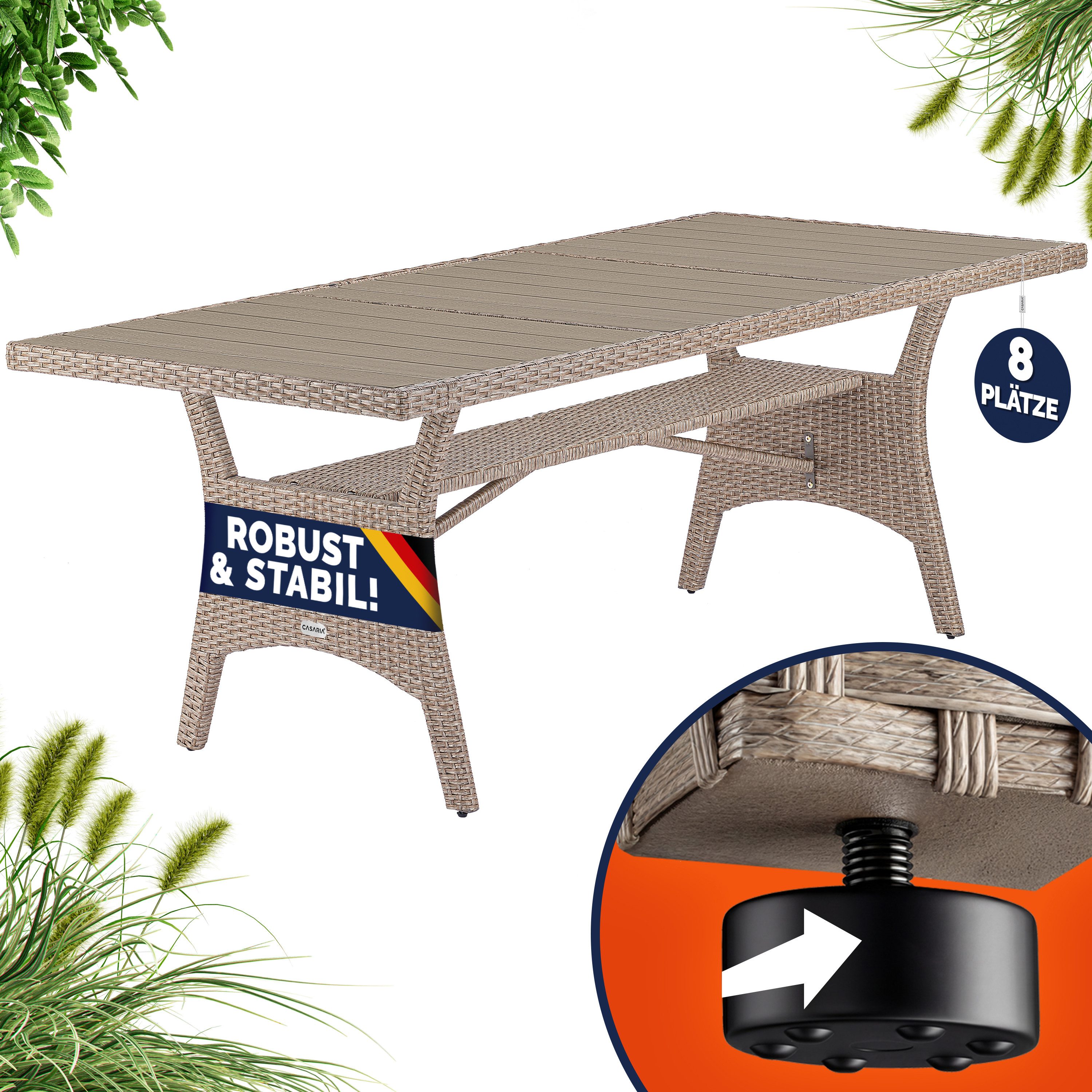 Casaria Gartentisch (1-St), Wetterfest 190x90x75cm WPC Tischplatte Polyrattan inkl. Ablage