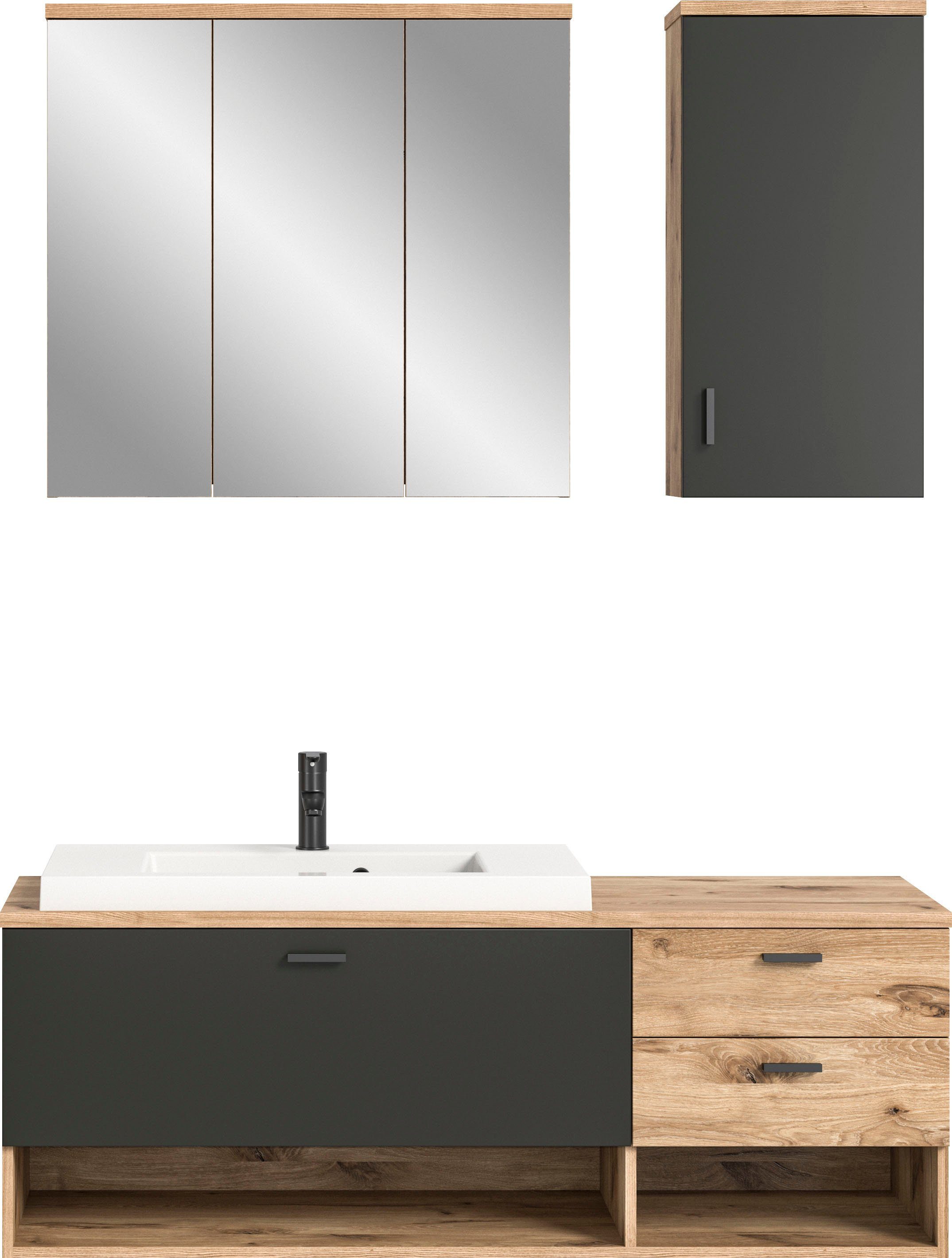 welltime Badmöbel-Set Dolo, 3 teilig, inklusive Mineralguss-Waschbecken, bestehend aus:, (Set, 3-St), Waschtisch inkl. Waschbecken, Hängeschrank, Spiegelschrank