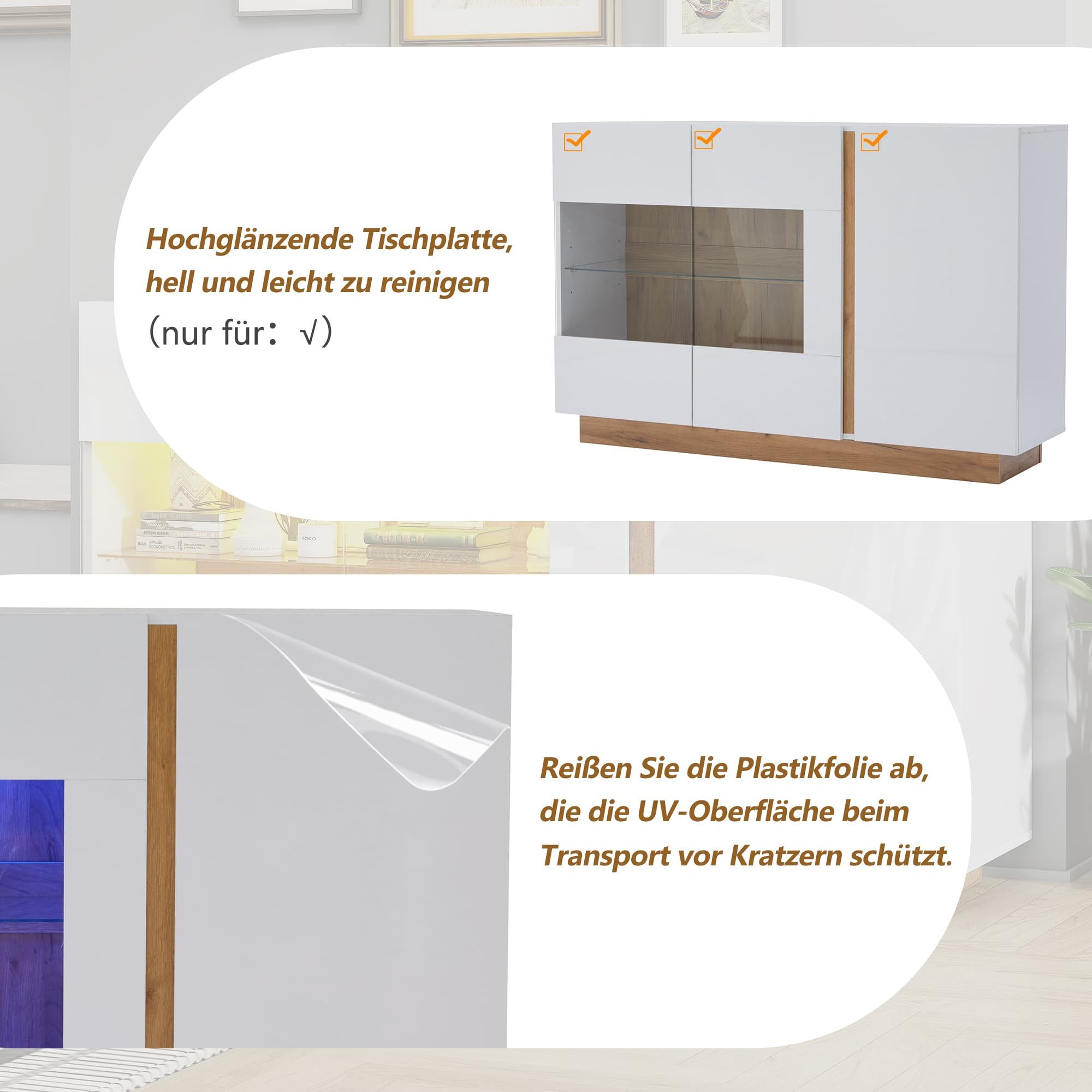autolock Sideboard Kommode Hochglanz mit led Beleuchtung Holzsockel (138*38*90,5cm), Flurschrank Anrichte Küchenschrank Aufbewahrungsschrank