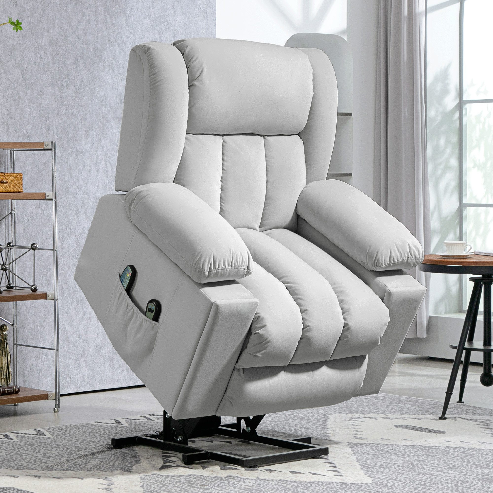 HOMCOM Massagesessel Elektrisch Relaxsessel mit Liege-, Wärme-, Massagefunktion (Fernsehsessel mit Aufstehhilfe, 1-St., TV-Sessel), mit Becherhalter, Stautraum, USB-Anschlüssen und Fernbedienung