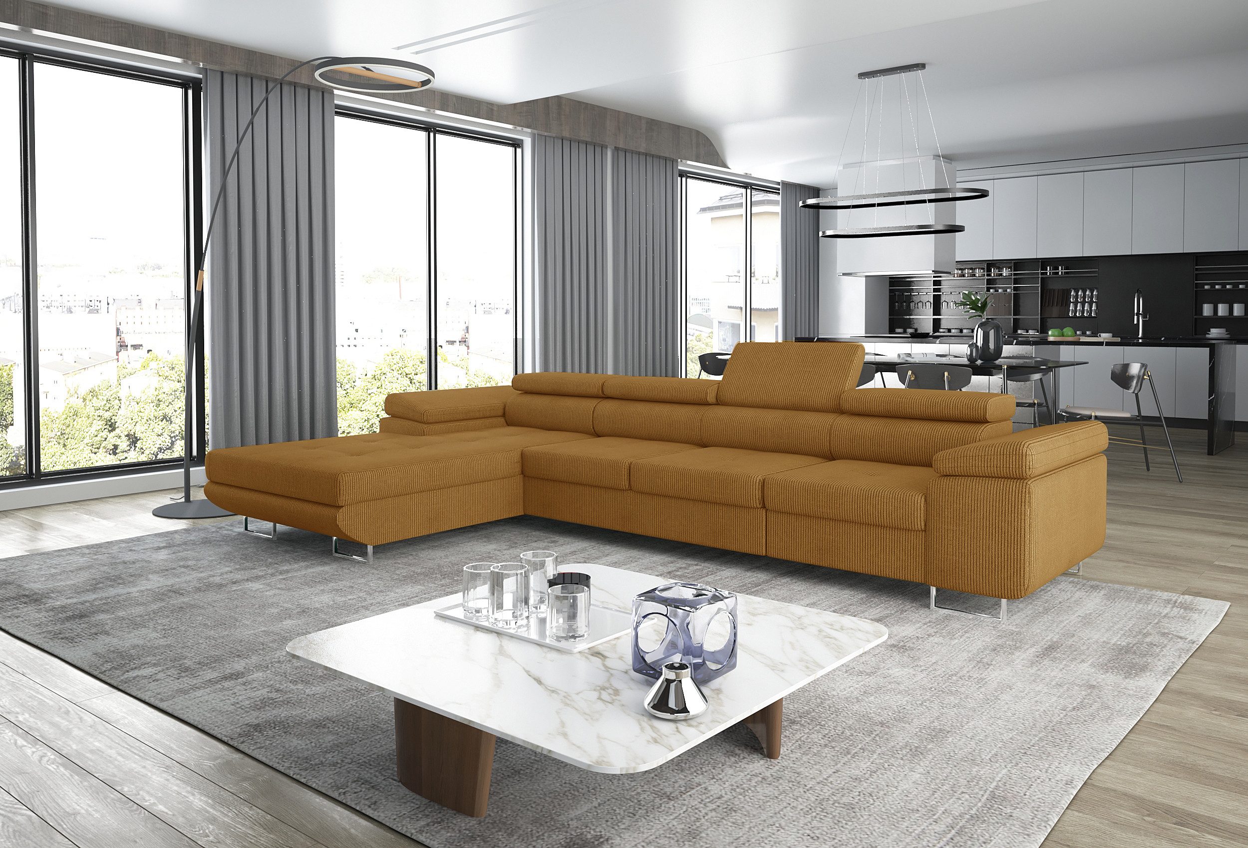 thematys Ecksofa ALVARO MAXI 355 x 204cm mit Schlaffunktion & Bettkasten –, L-Sofa mit verstellbaren Kopfstützen, Samt (Monolotith), oder Cord (Poso) - L-Form, XL-Wohnlandschaft, 355 cm breit