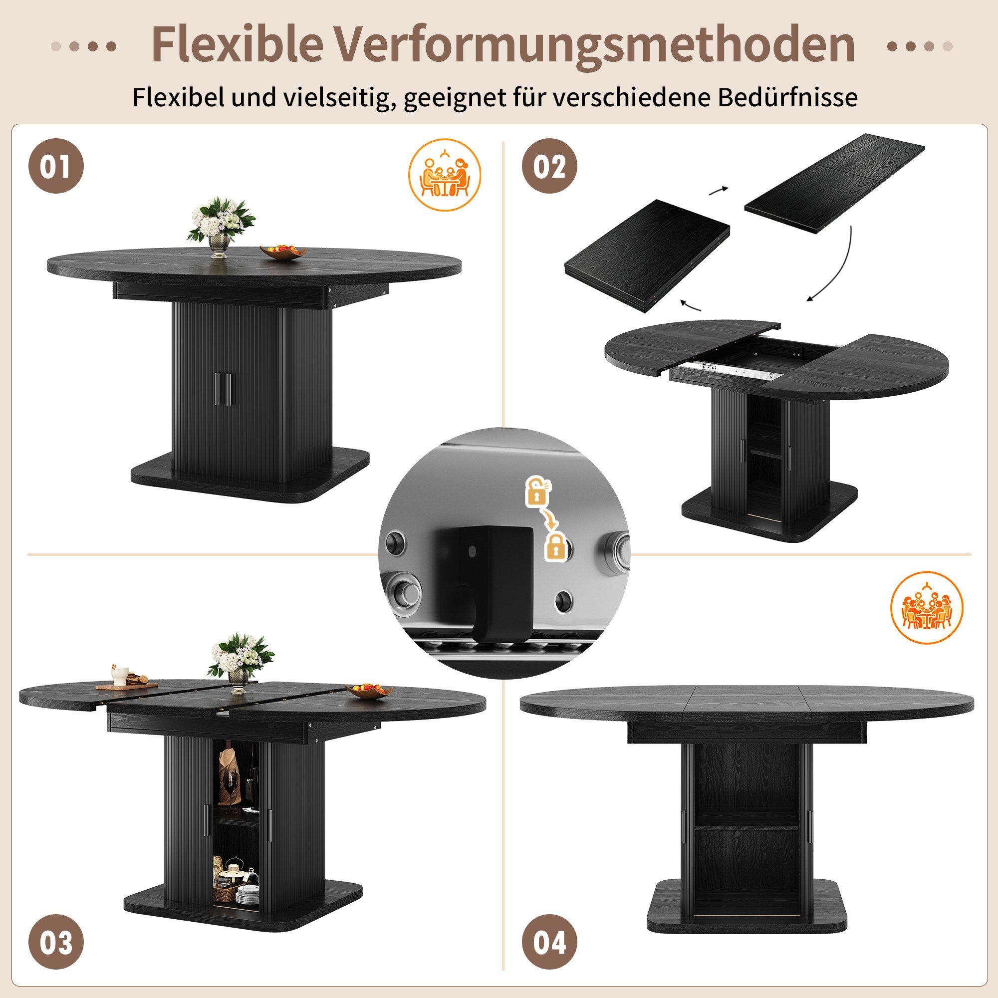 i@home Esstisch Ausziehbarer Esstisch mit Stauraum, Esstisch ausziehbar rund, Esszimmertisch ausziehbar,braun,110/150*110*75cm – Bild 5 von 5